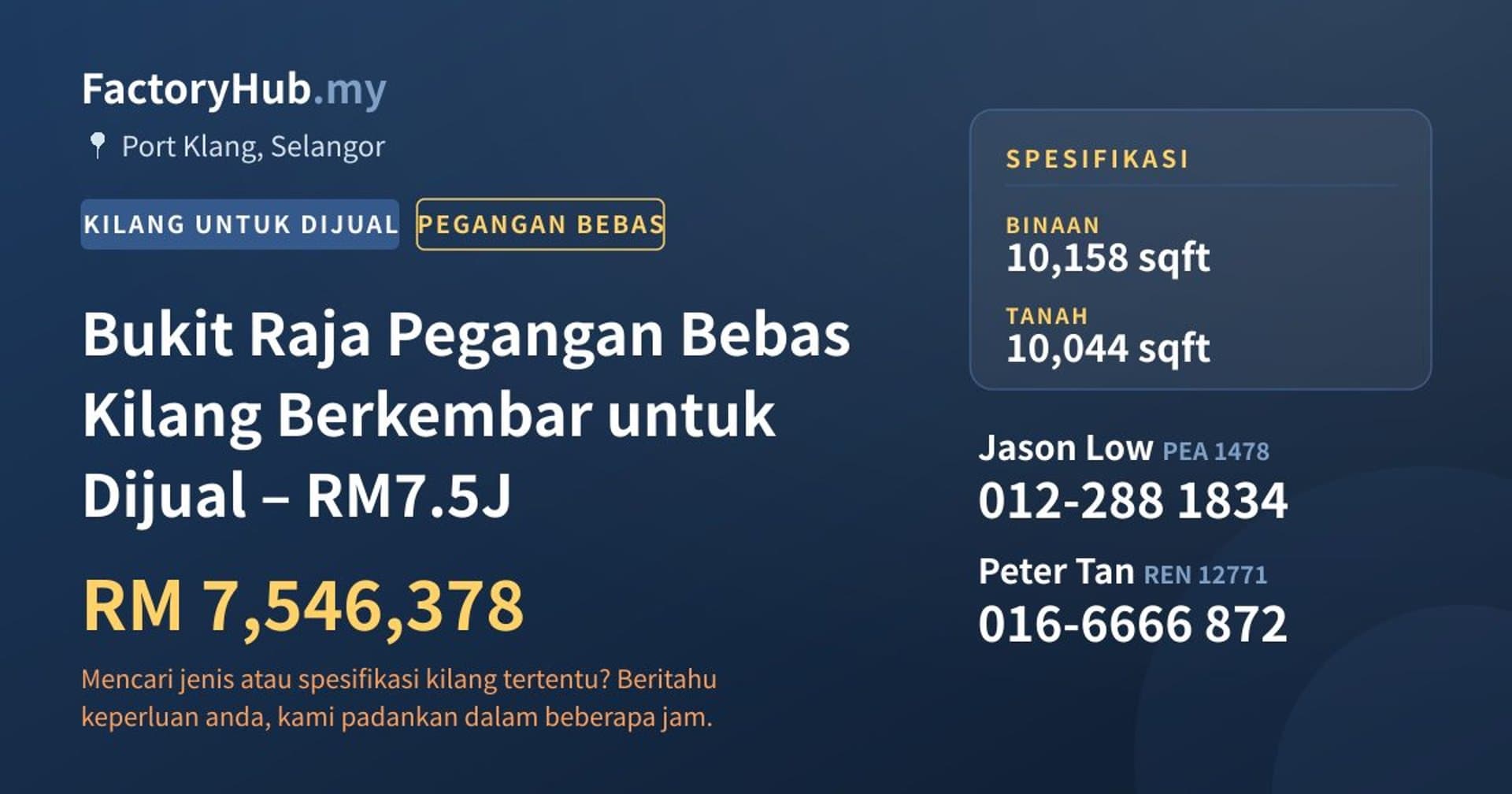 Bukit Raja Pegangan Bebas Kilang Berkembar untuk Dijual – RM7.5J · Imej hartanah 1/2