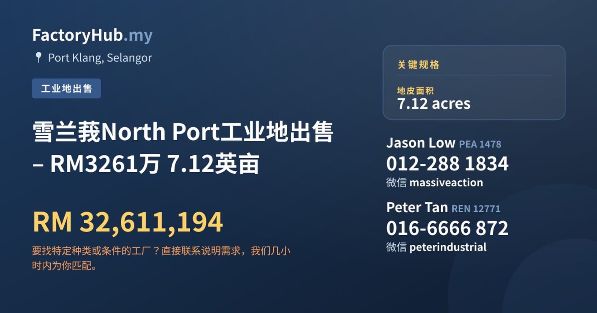 雪兰莪North Port工业地出售 – RM3261万 7.12英亩 · 房源图片 1/4