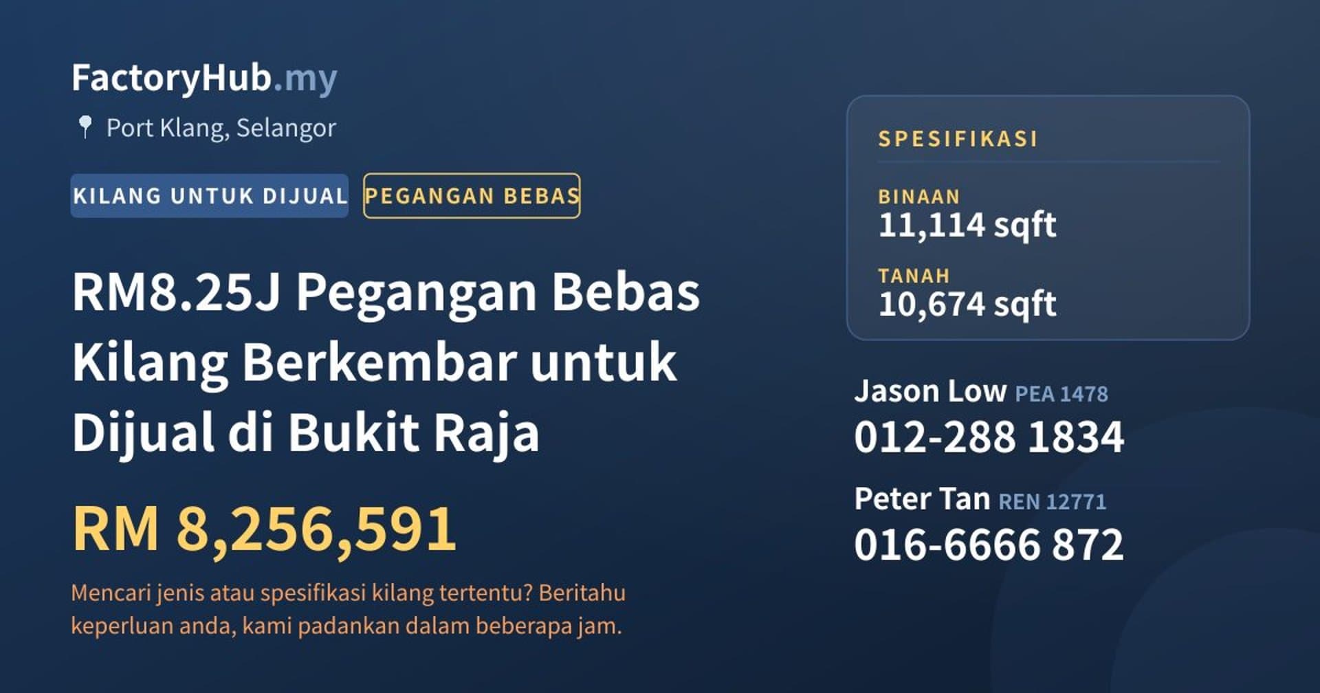 RM8.25J Pegangan Bebas Kilang Berkembar untuk Dijual di Bukit Raja · Imej hartanah 1/2