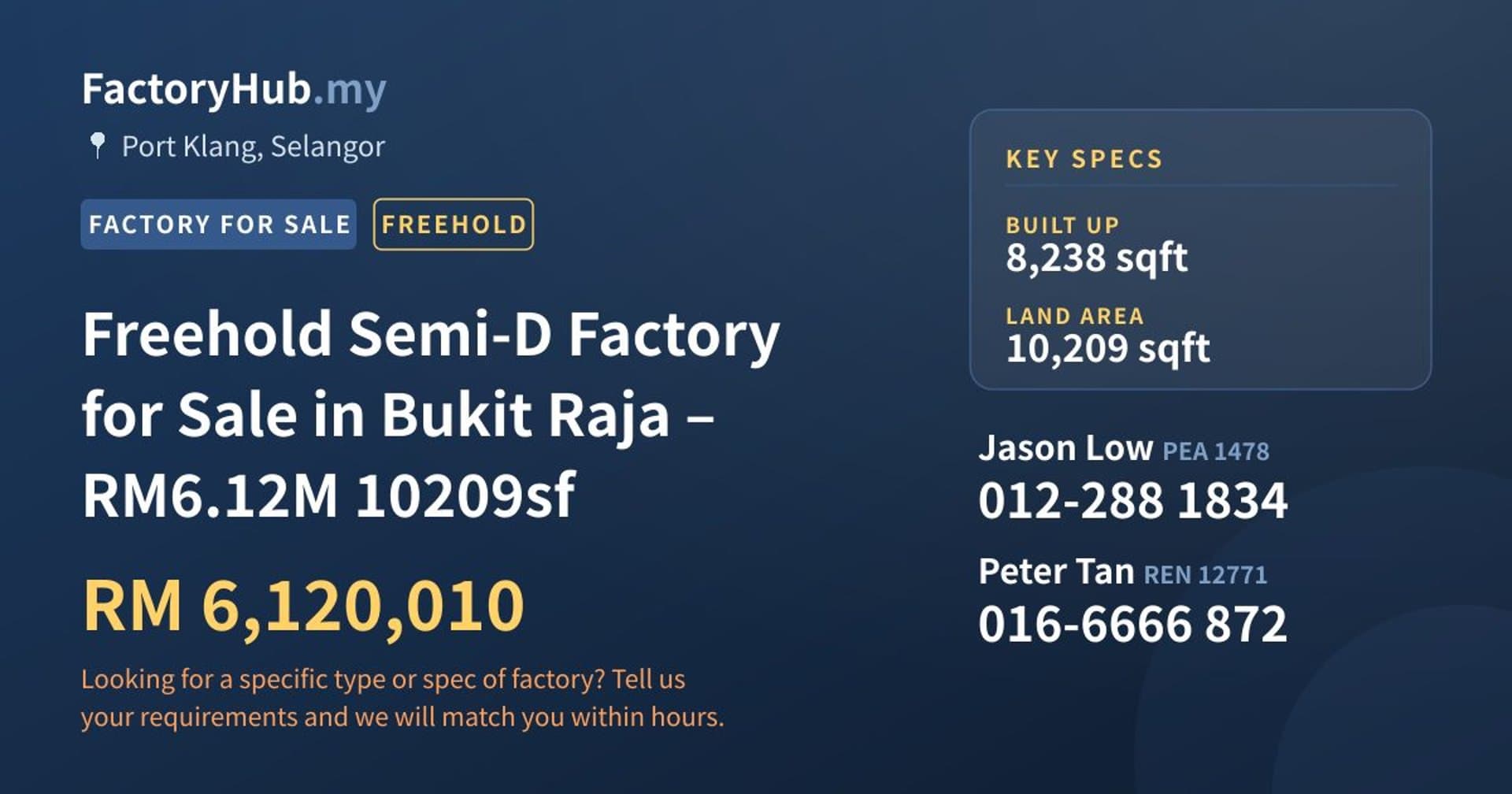 Freehold Semi-D Factory for Sale in Bukit Raja – RM6.12M 10209sf - Property image 1 of 2