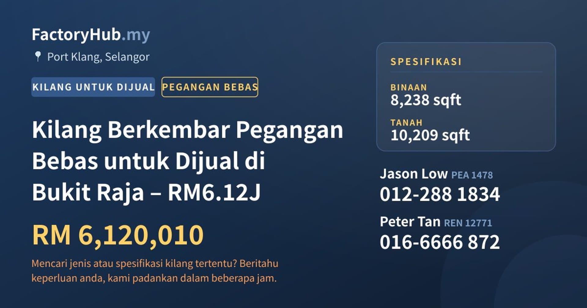 Kilang Berkembar Pegangan Bebas untuk Dijual di Bukit Raja – RM6.12J · Imej hartanah 1/2