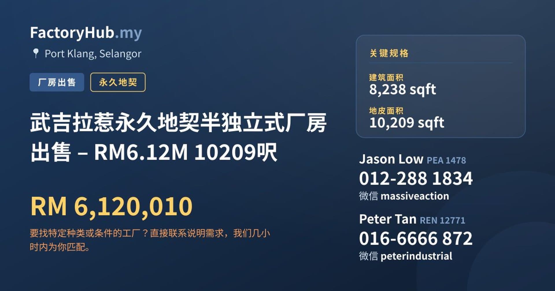 武吉拉惹永久地契半独立式厂房出售 – RM6.12M 10209呎 · 房源图片 1/2