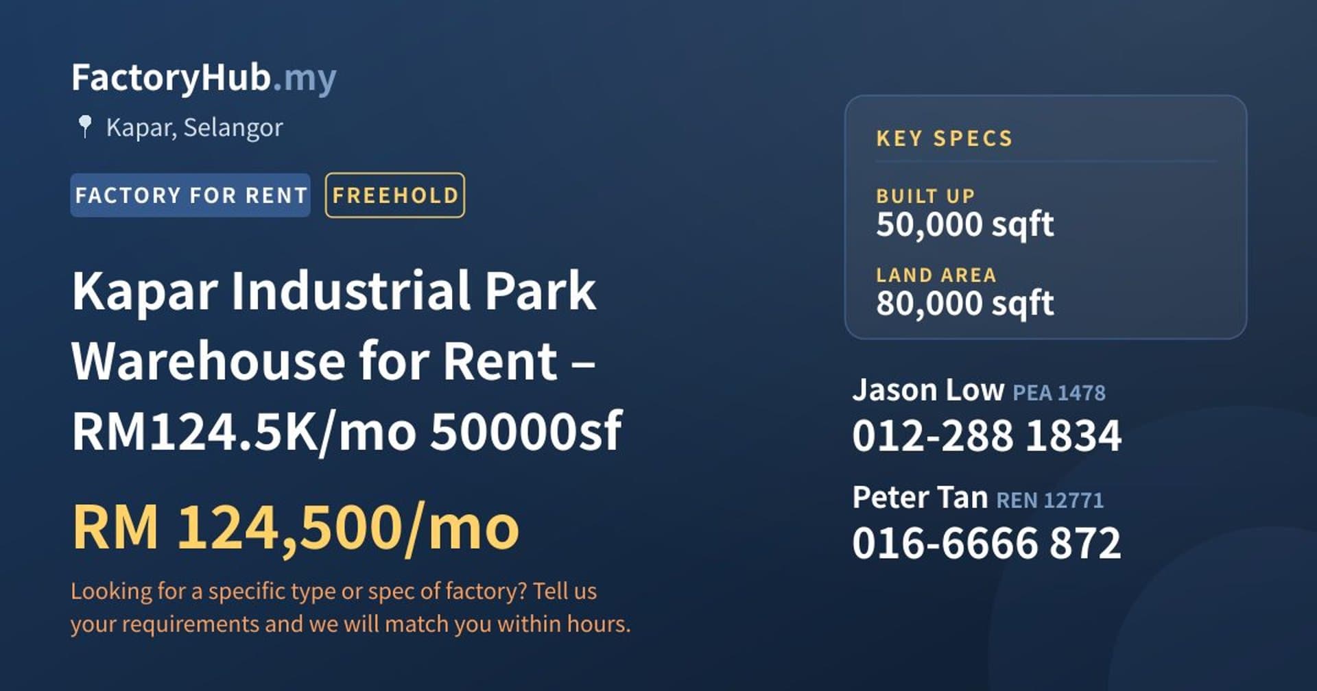 Kapar Industrial Park Warehouse for Rent – RM124.5K/mo 50000sf - Property image 1 of 2