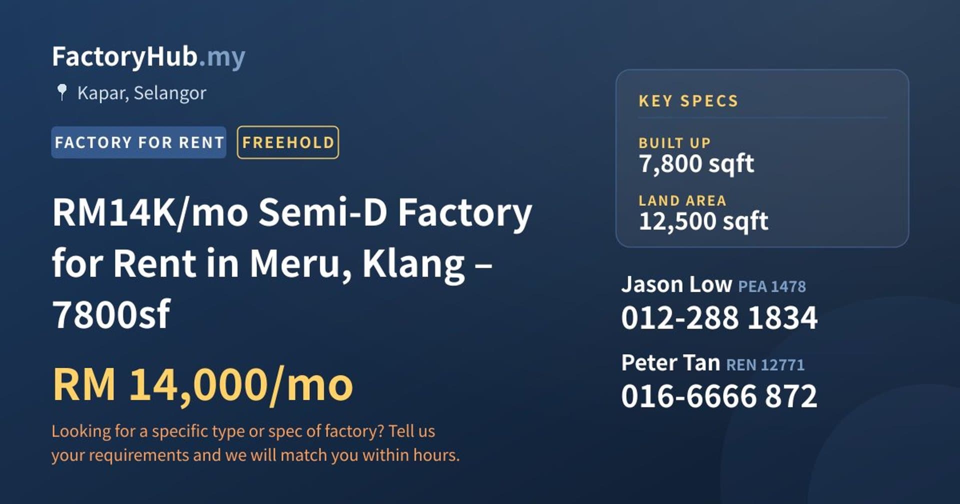 RM14K/mo Semi-D Factory for Rent in Meru, Klang – 7800sf - Property image 1 of 2