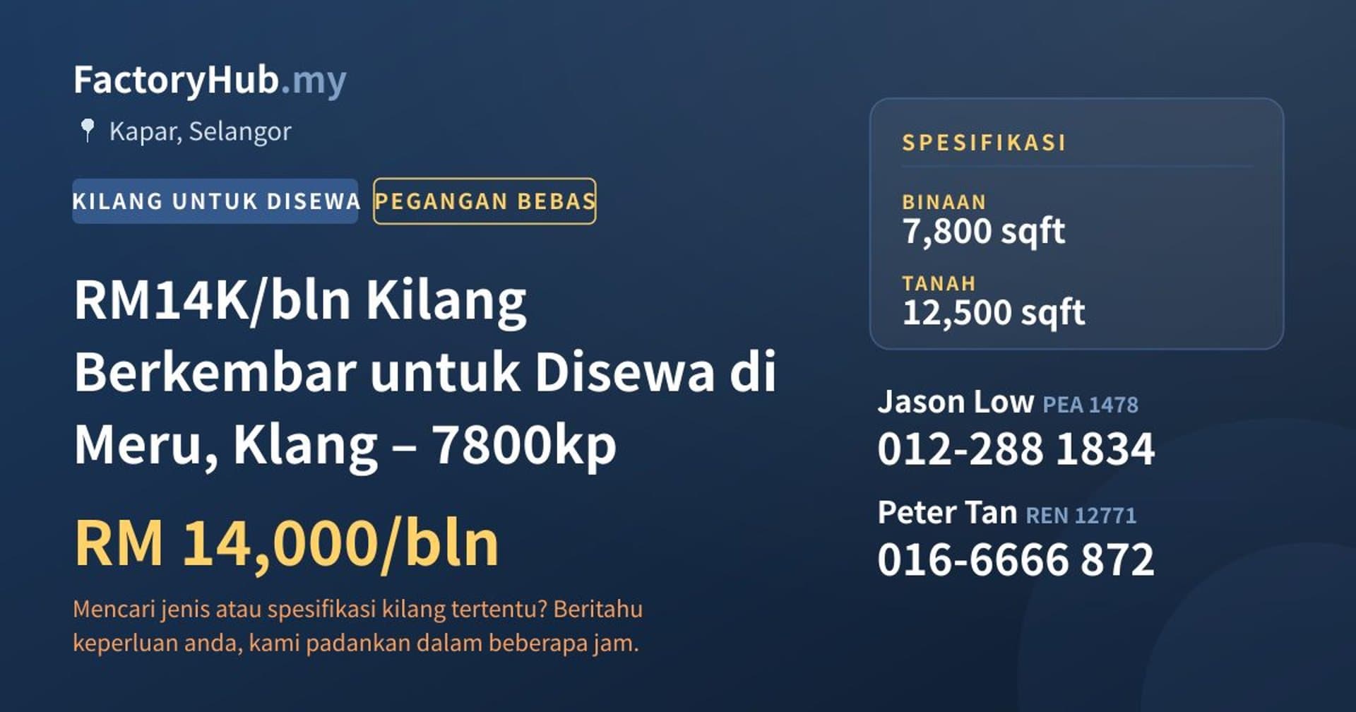 RM14K/bln Kilang Berkembar untuk Disewa di Meru, Klang – 7800kp · Imej hartanah 1/2