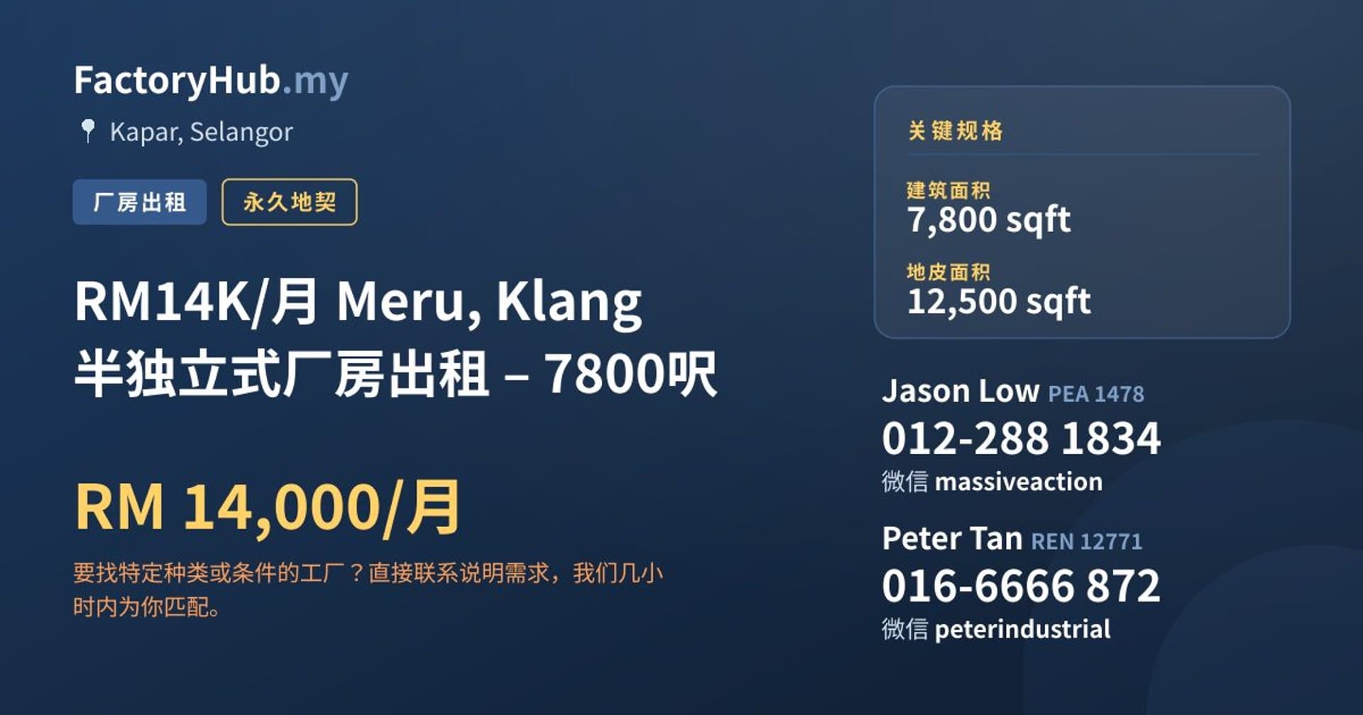 RM14K/月 Meru, Klang 半独立式厂房出租 – 7800呎 · 房源图片 1/2