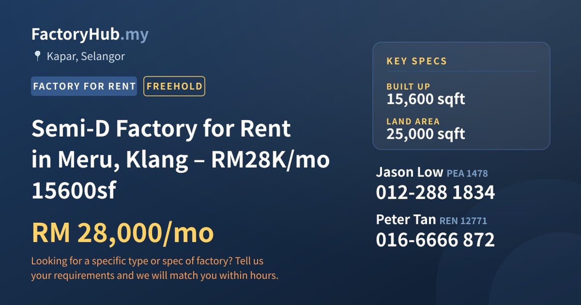 Semi-D Factory for Rent in Meru, Klang – RM28K/mo 15600sf - Property image 1 of 2