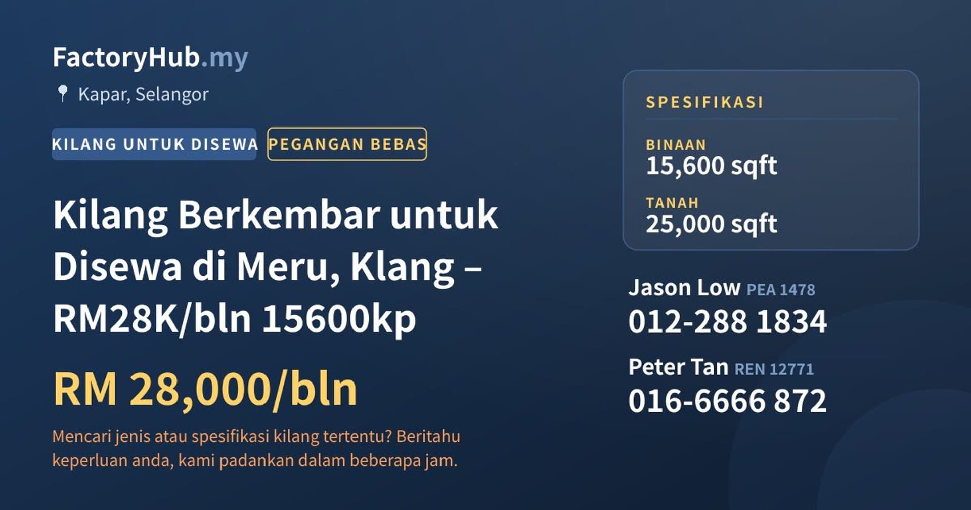 Kilang Berkembar untuk Disewa di Meru, Klang – RM28K/bln 15600kp · Imej hartanah 1/2