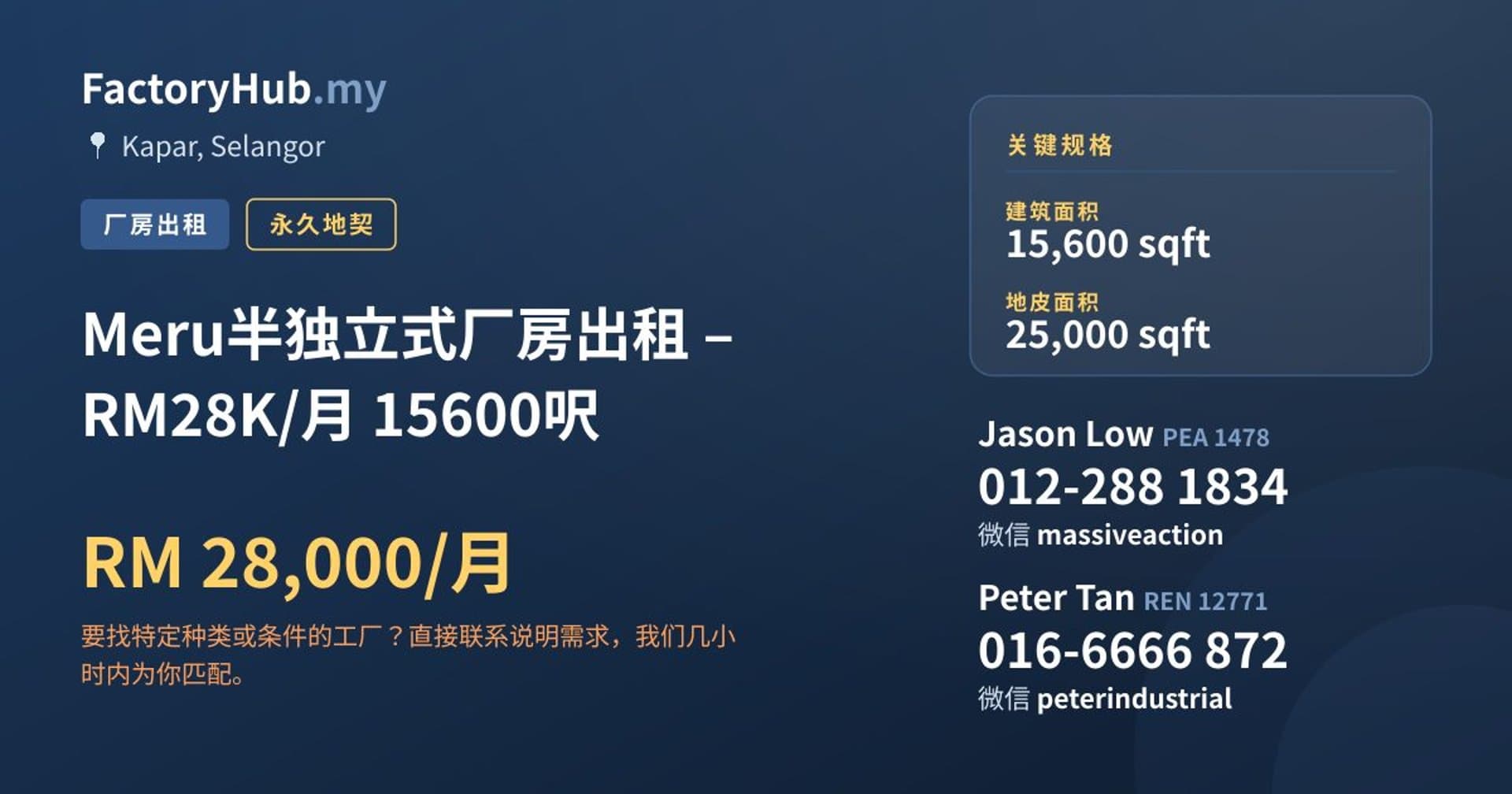 Meru半独立式厂房出租 – RM28K/月 15600呎 · 房源图片 1/2