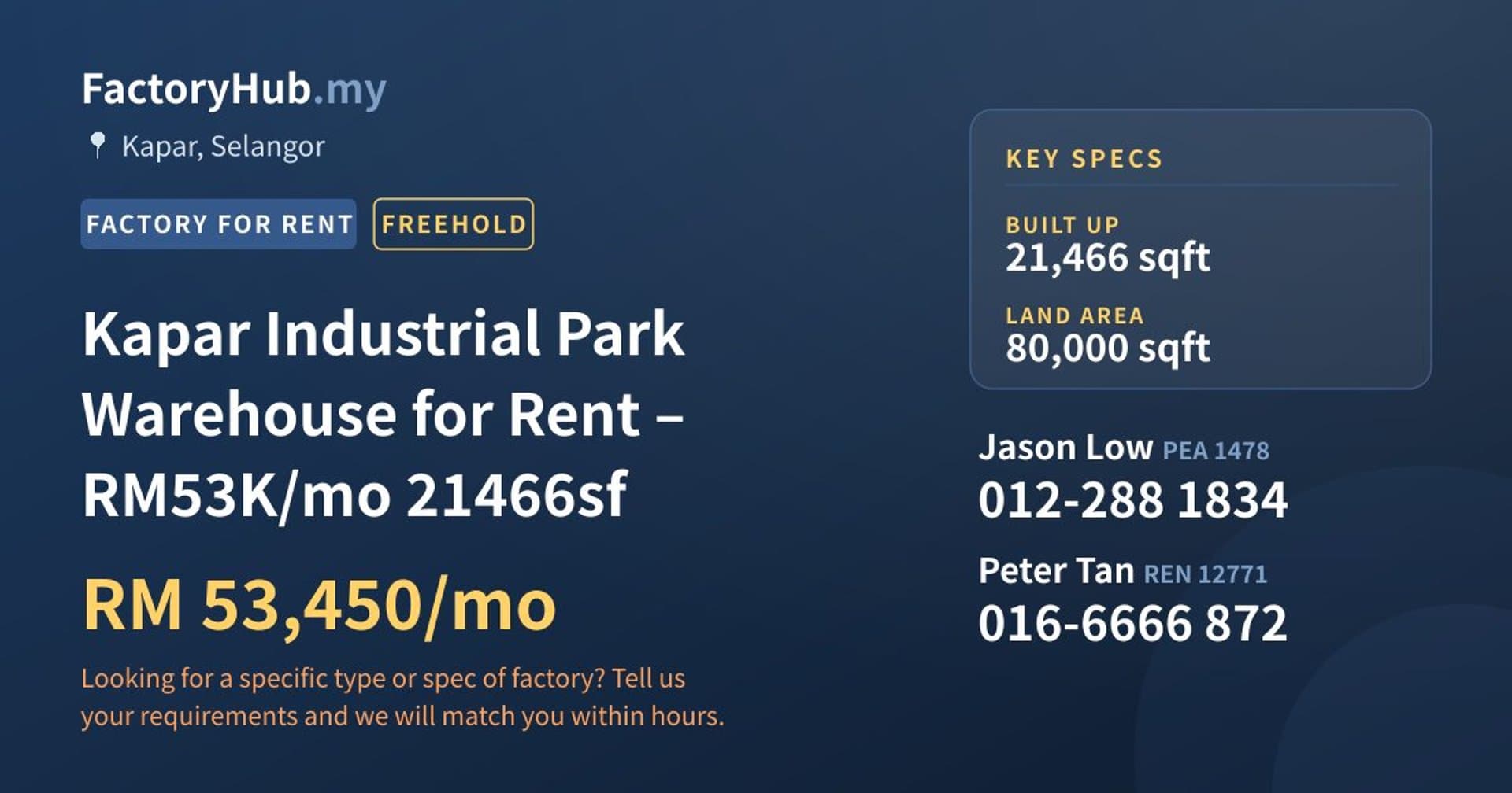 Kapar Industrial Park Warehouse for Rent – RM53K/mo 21466sf - Property image 1 of 2