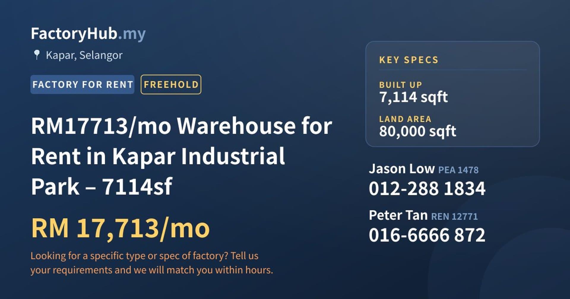 RM17713/mo Warehouse for Rent in Kapar Industrial Park – 7114sf - Property image 1 of 2