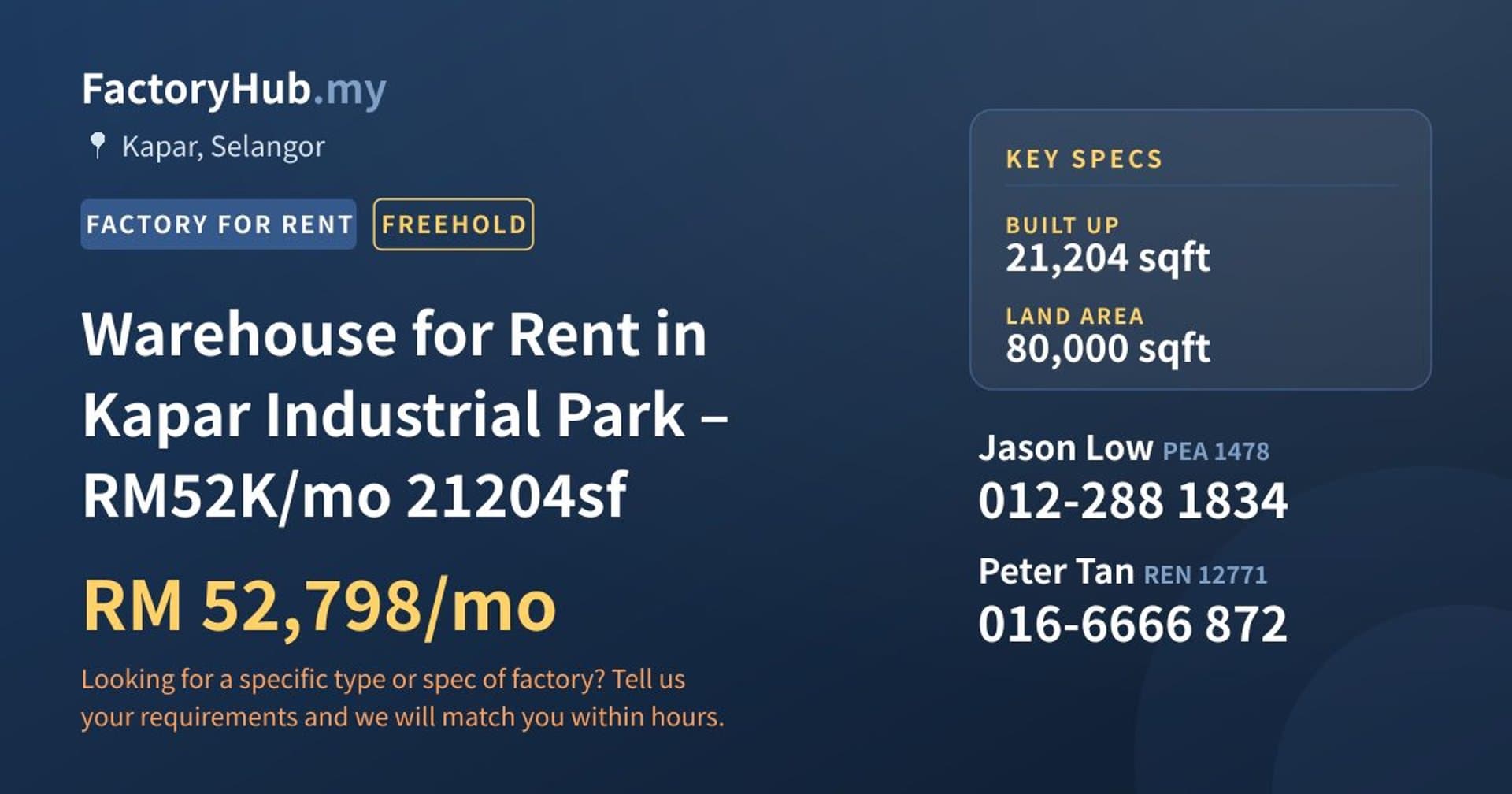 Warehouse for Rent in Kapar Industrial Park – RM52K/mo 21204sf - Property image 1 of 2