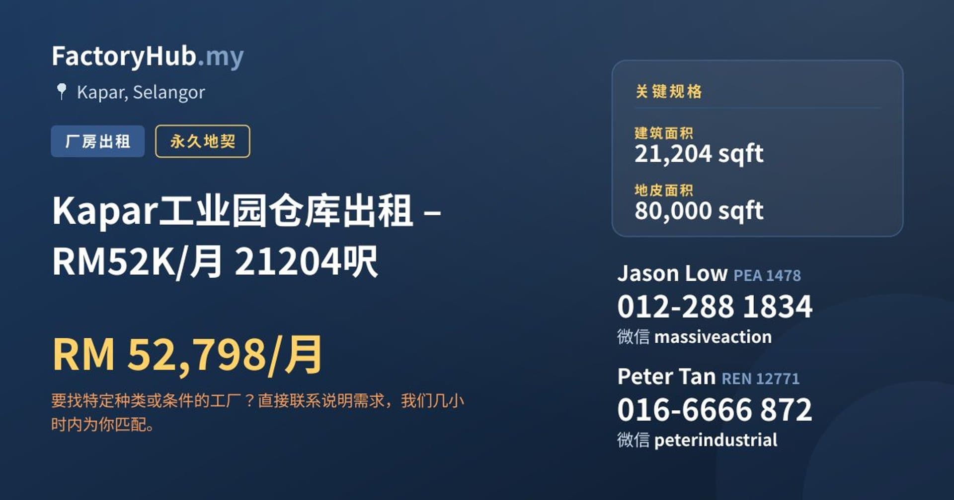 Kapar工业园仓库出租 – RM52K/月 21204呎 · 房源图片 1/2