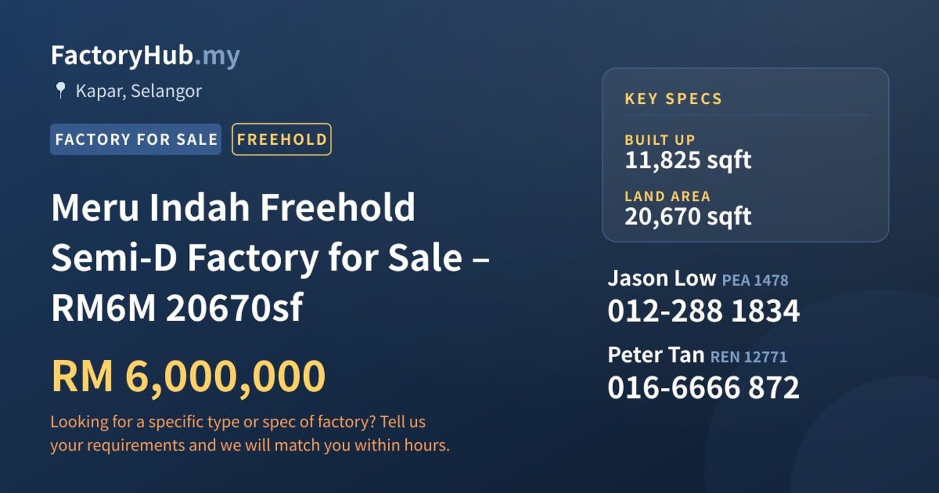 Meru Indah Freehold Semi-D Factory for Sale – RM6M 20670sf - Property image 1 of 2