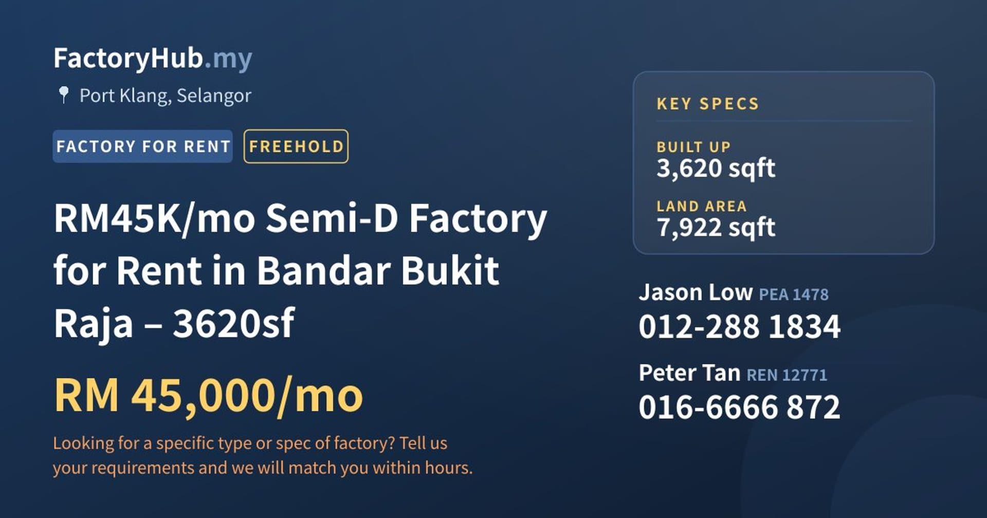 RM45K/mo Semi-D Factory for Rent in Bandar Bukit Raja – 3620sf - Property image 1 of 2