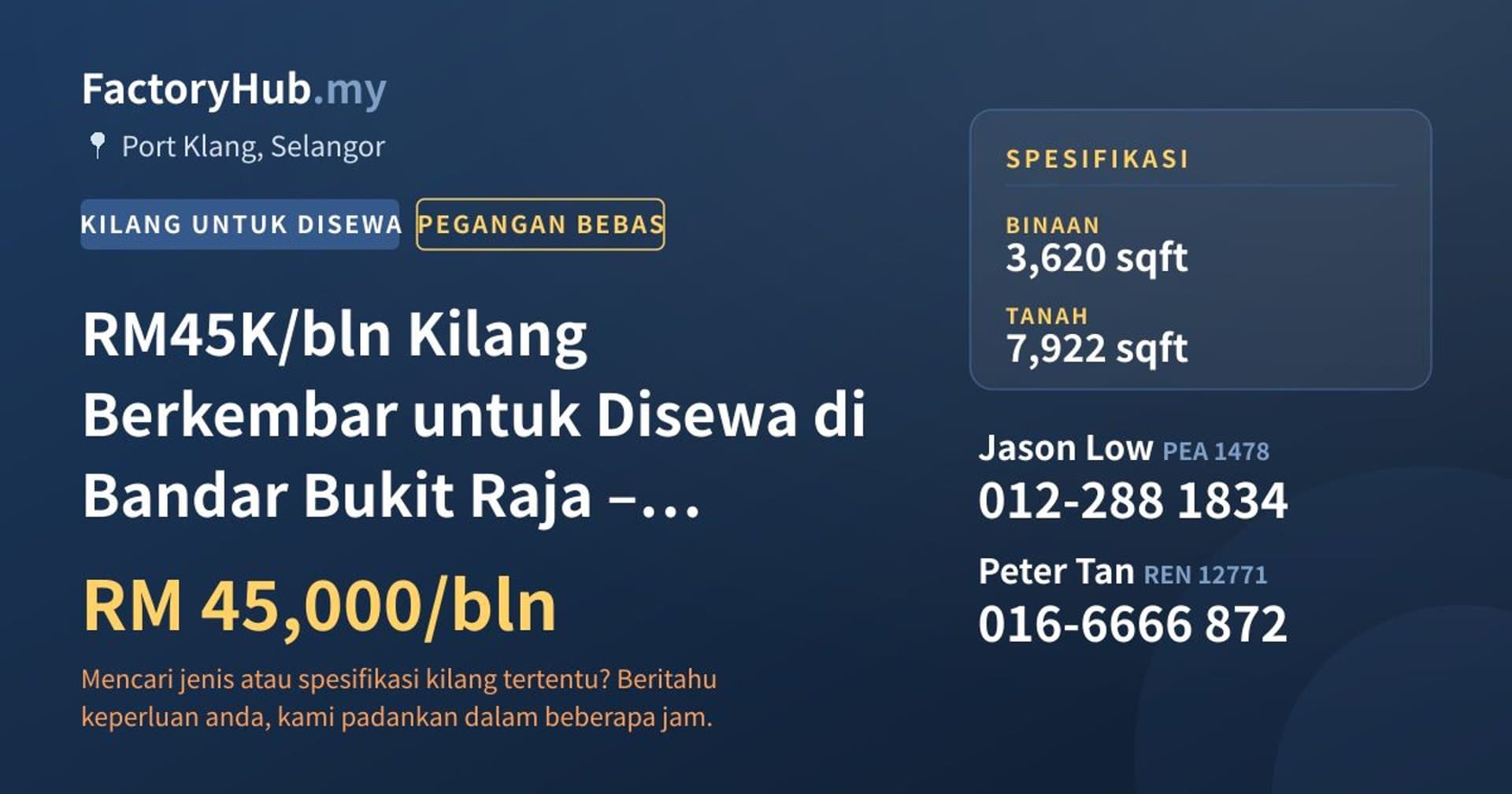 RM45K/bln Kilang Berkembar untuk Disewa di Bandar Bukit Raja – 3620kp · Imej hartanah 1/2