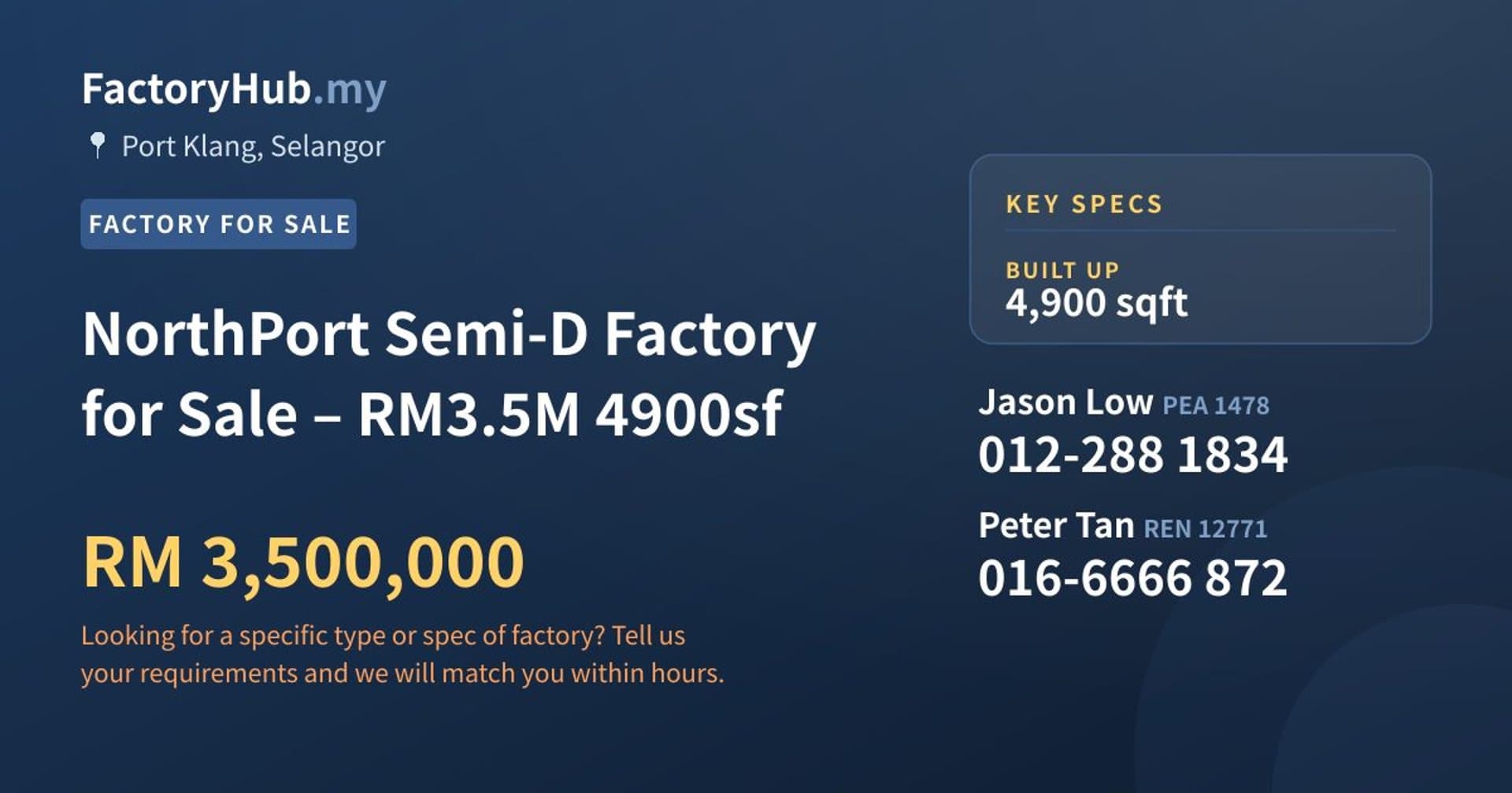 NorthPort Semi-D Factory for Sale – RM3.5M 4900sf - Property image 1 of 7