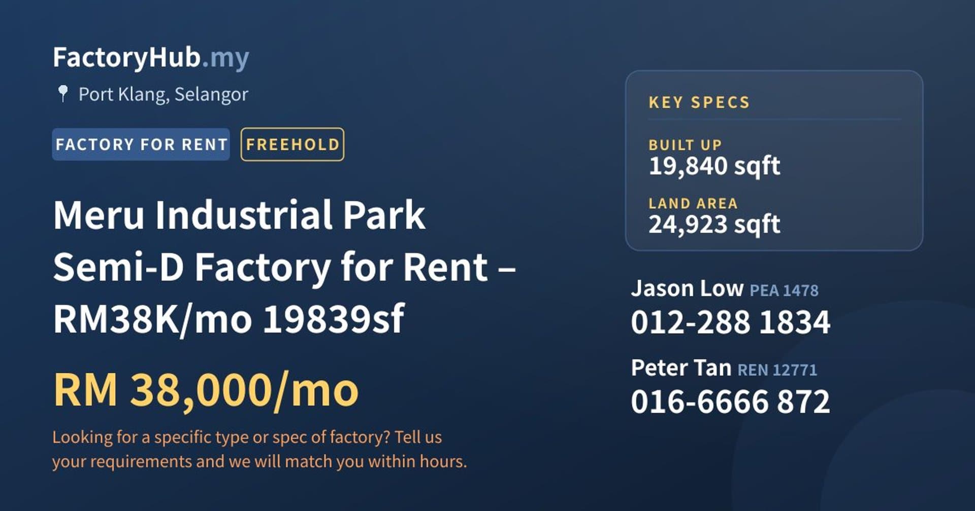 Meru Industrial Park Semi-D Factory for Rent – RM38K/mo 19839sf - Property image 1 of 2
