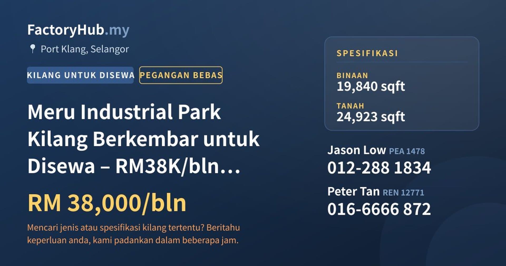 Meru Industrial Park Kilang Berkembar untuk Disewa – RM38K/bln 19839kp · Imej hartanah 1/2