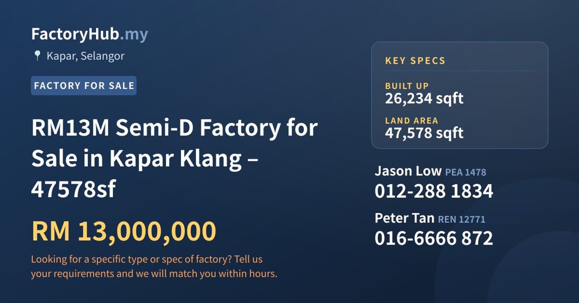 RM13M Semi-D Factory for Sale in Kapar Klang – 47578sf - Property image 1 of 2