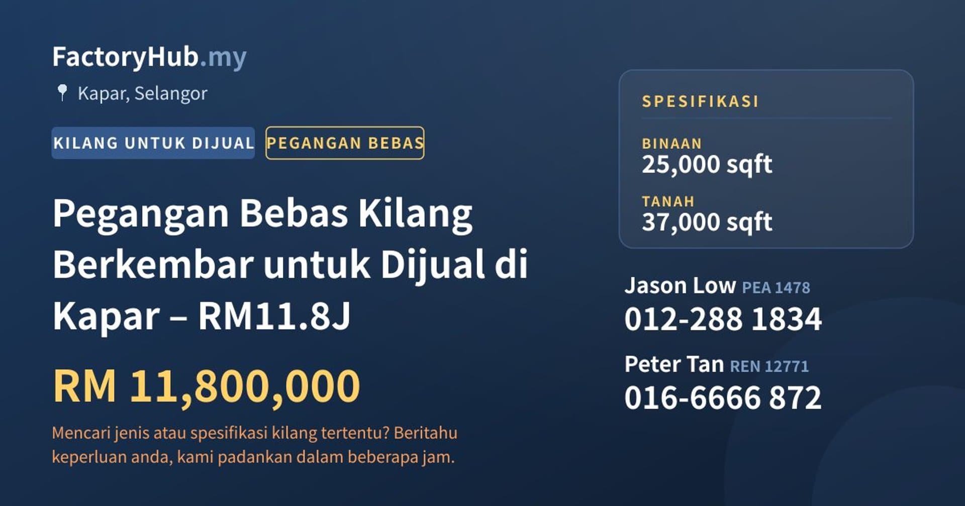Pegangan Bebas Kilang Berkembar untuk Dijual di Kapar – RM11.8J · Imej hartanah 1/2