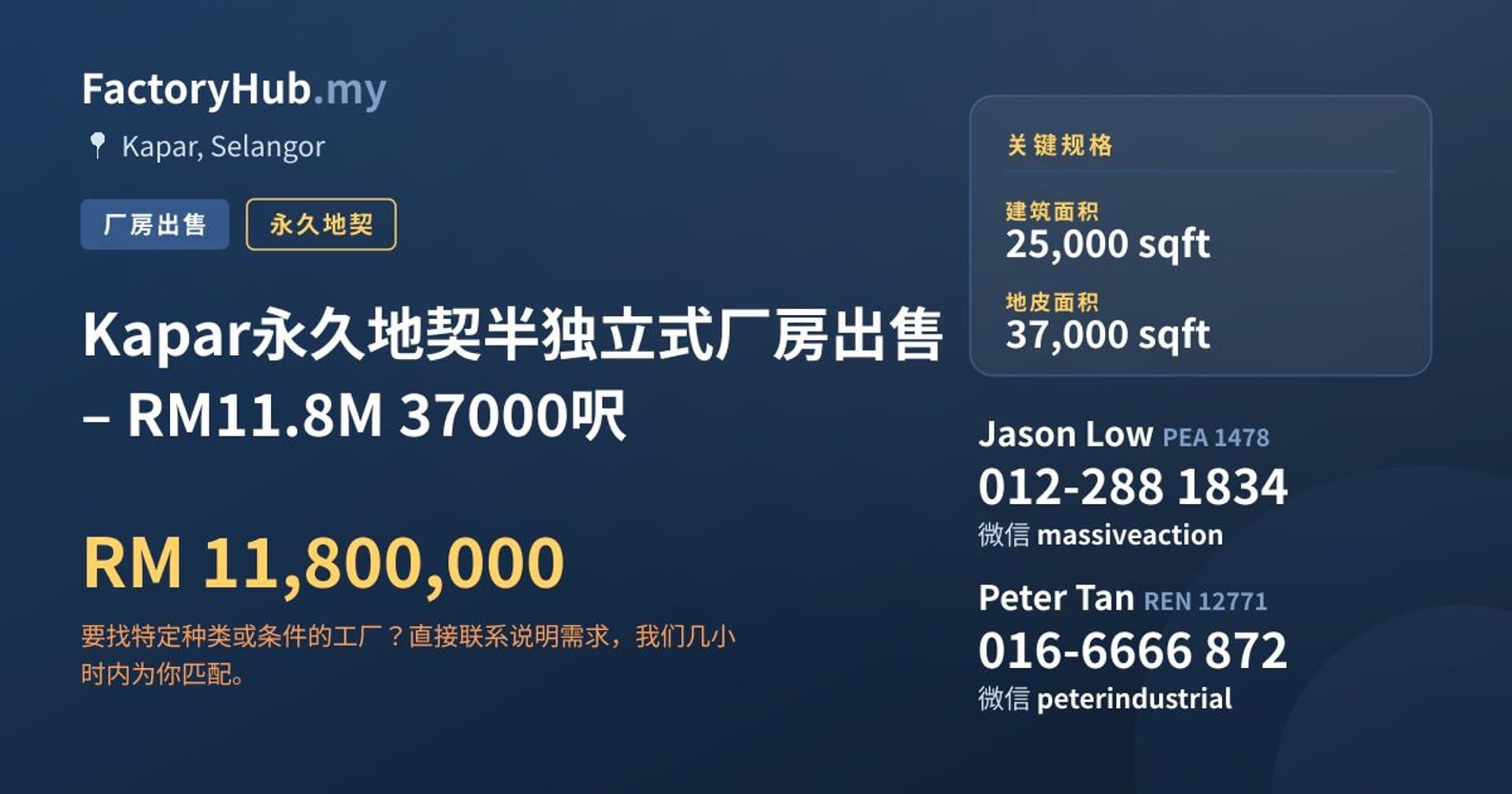 Kapar永久地契半独立式厂房出售 – RM11.8M 37000呎 · 房源图片 1/2