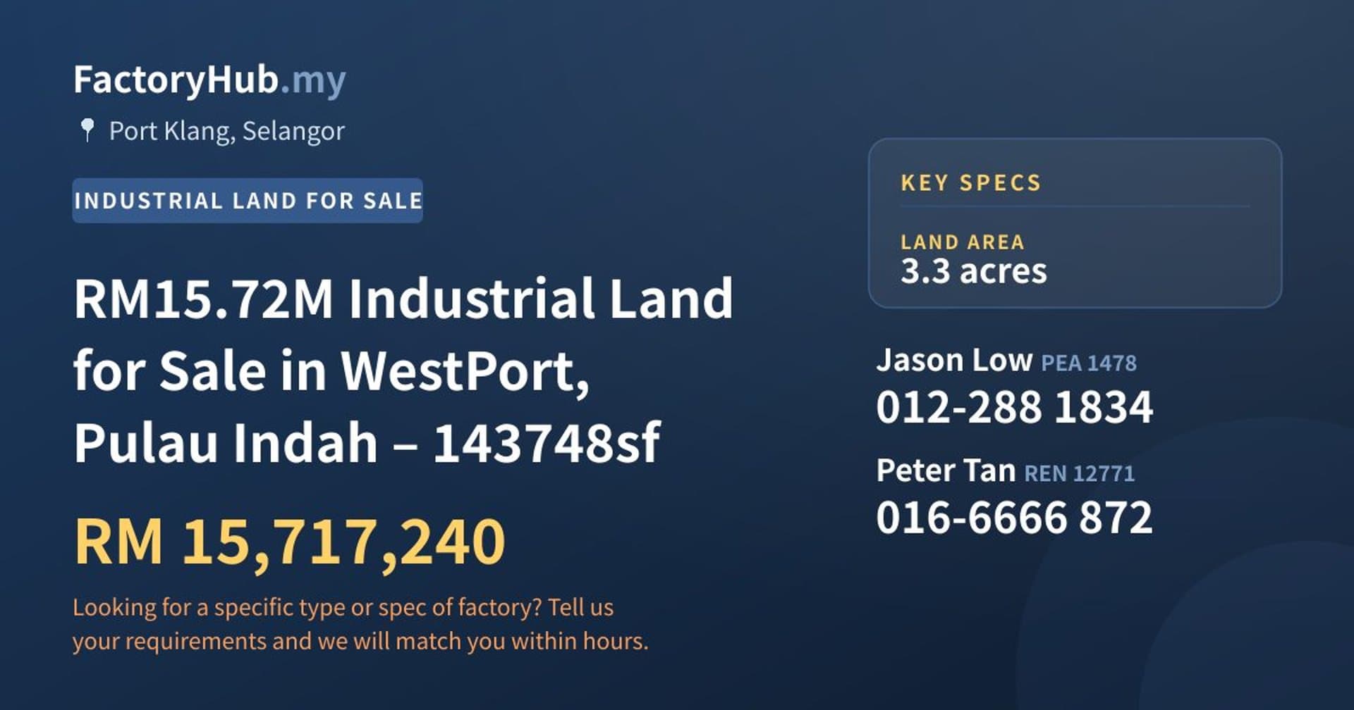 RM15.72M Industrial Land for Sale in WestPort, Pulau Indah – 143748sf - Property image 1 of 4