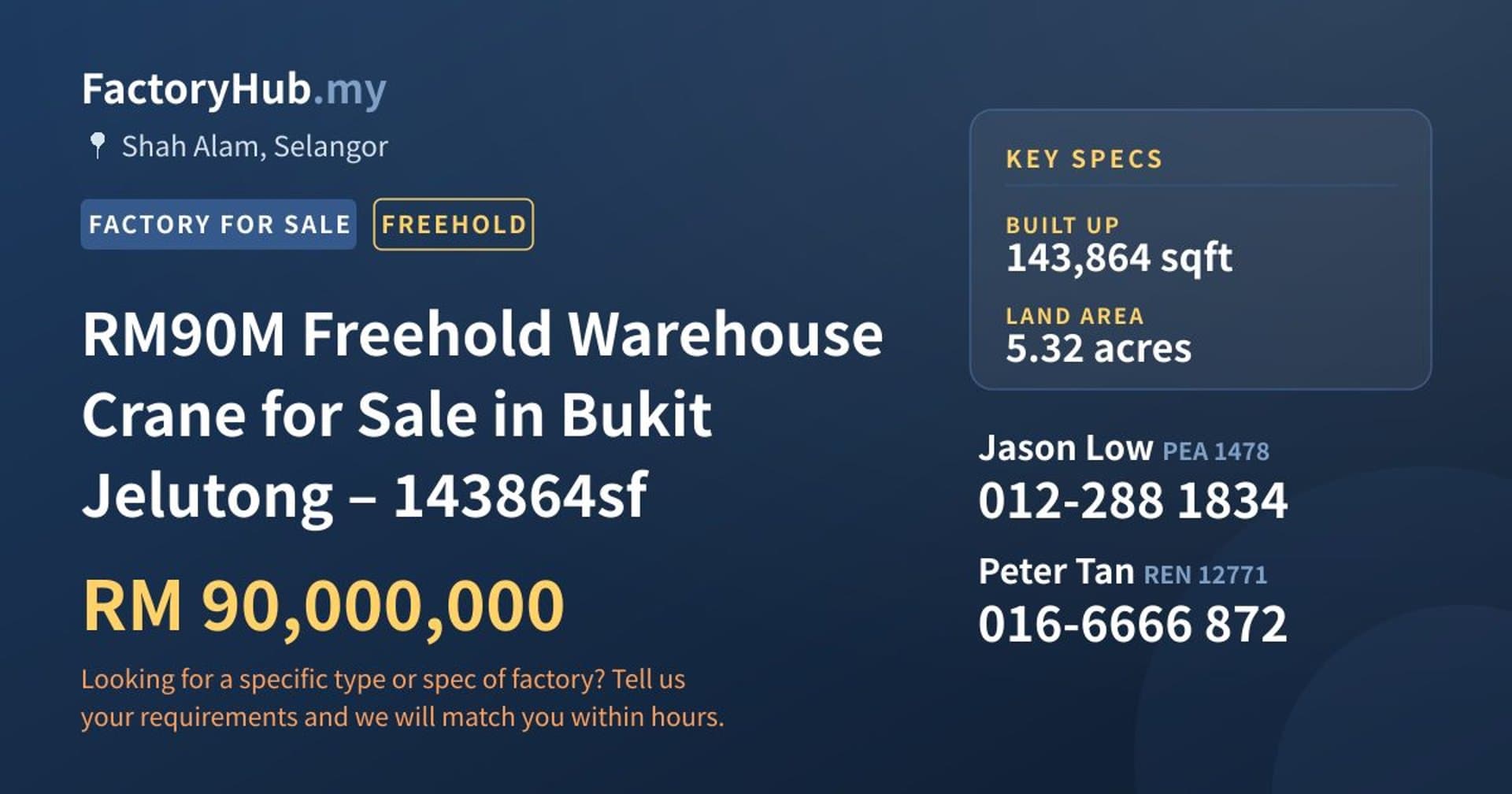 RM90M Freehold Warehouse Crane for Sale in Bukit Jelutong – 143864sf - Property image 1 of 7