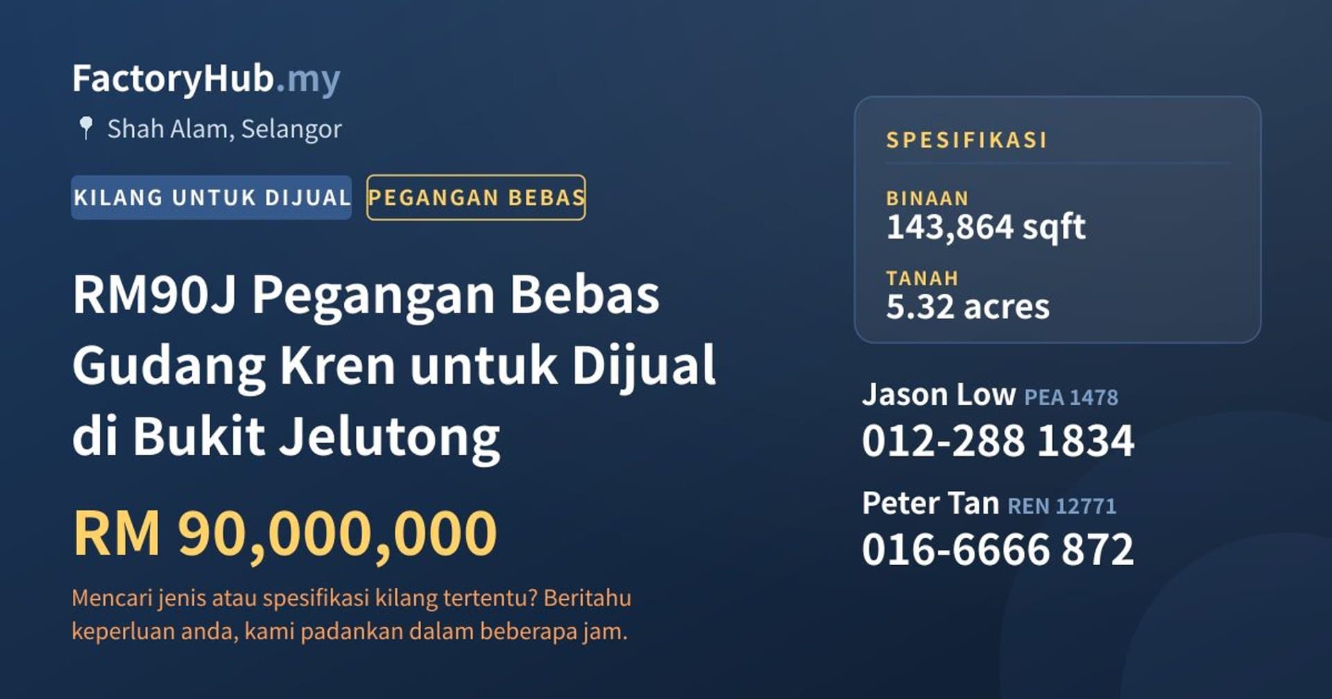 RM90J Pegangan Bebas Gudang Kren untuk Dijual di Bukit Jelutong · Imej hartanah 1/7