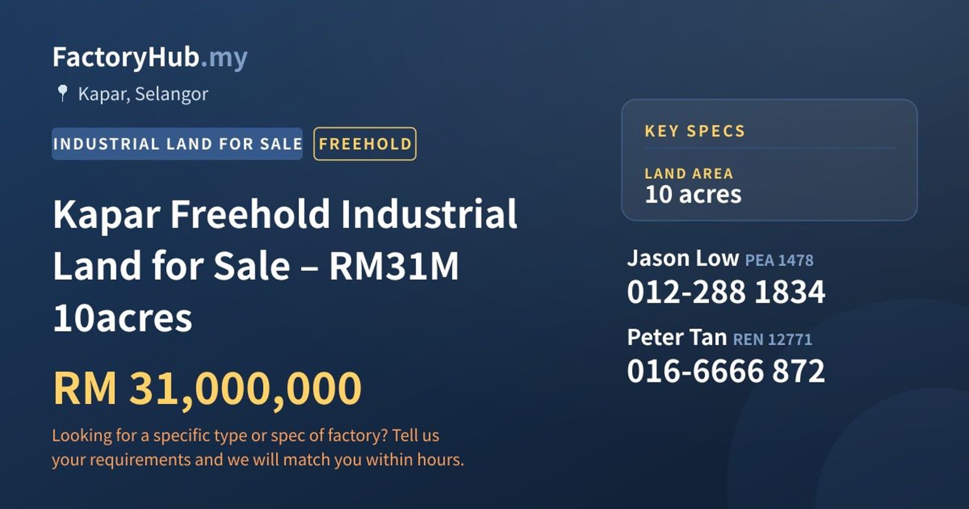 Kapar Freehold Industrial Land for Sale – RM31M 10acres - Property image 1 of 7
