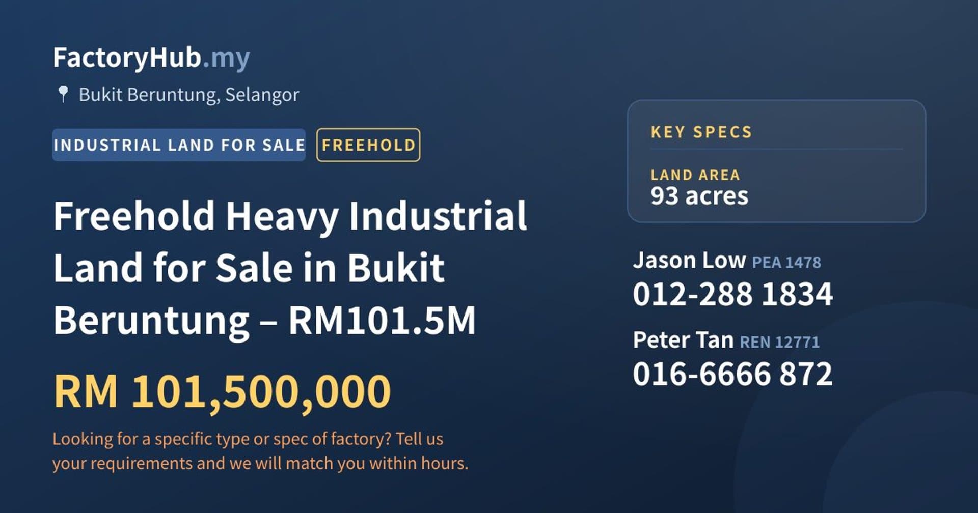 Freehold Heavy Industrial Land for Sale in Bukit Beruntung – RM101.5M - Property image 1 of 7