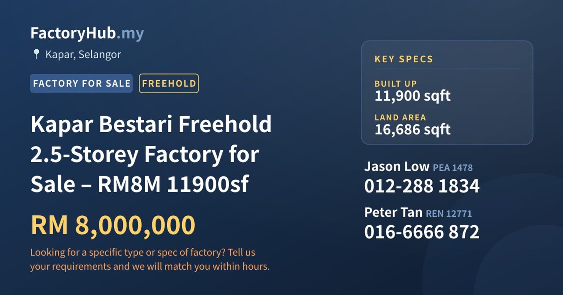 Kapar Bestari Freehold 2.5-Storey Factory for Sale – RM8M 11900sf - Property image 1 of 7