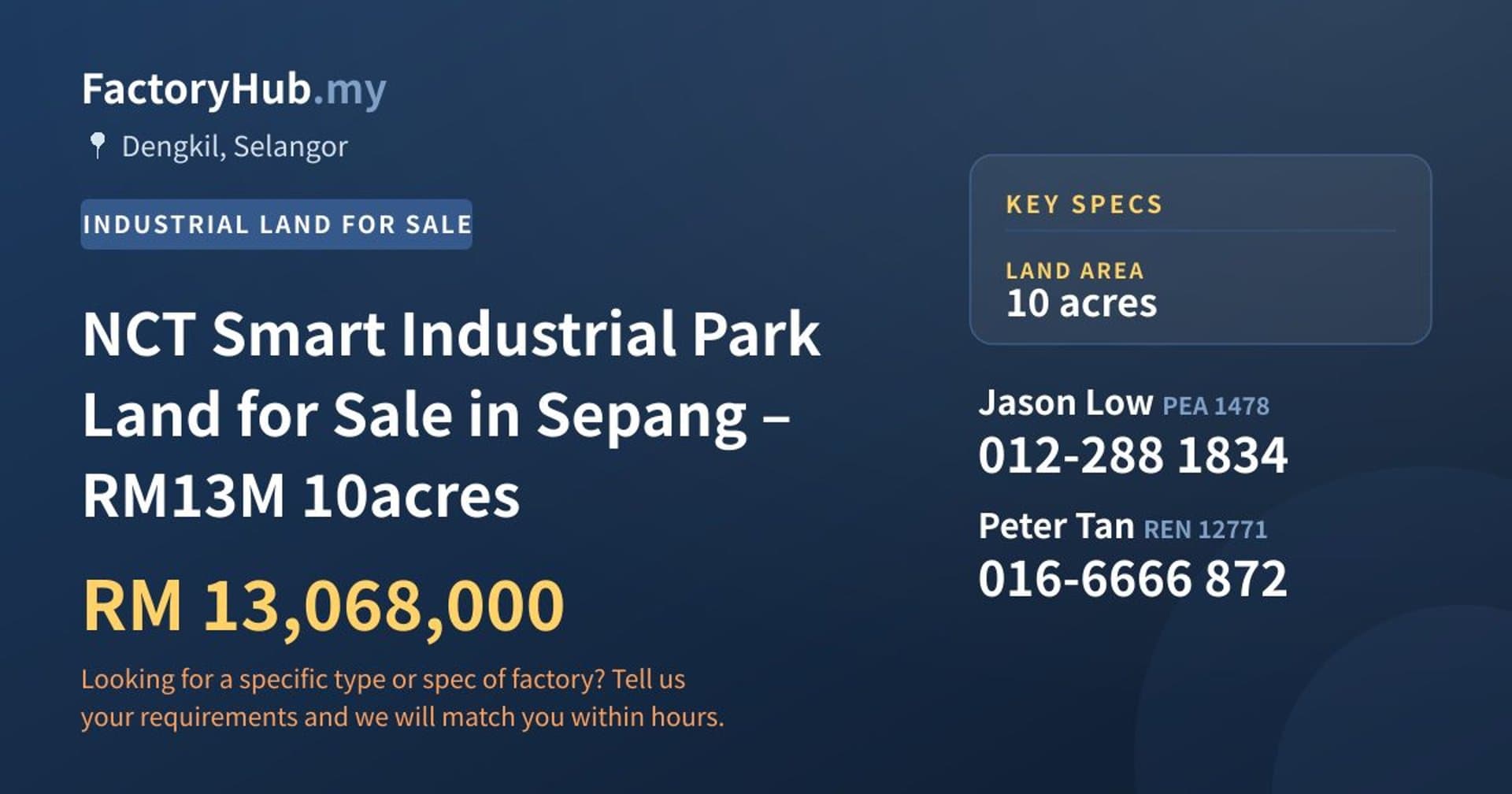 NCT Smart Industrial Park Land for Sale in Sepang – RM13M 10acres - Property image 1 of 7