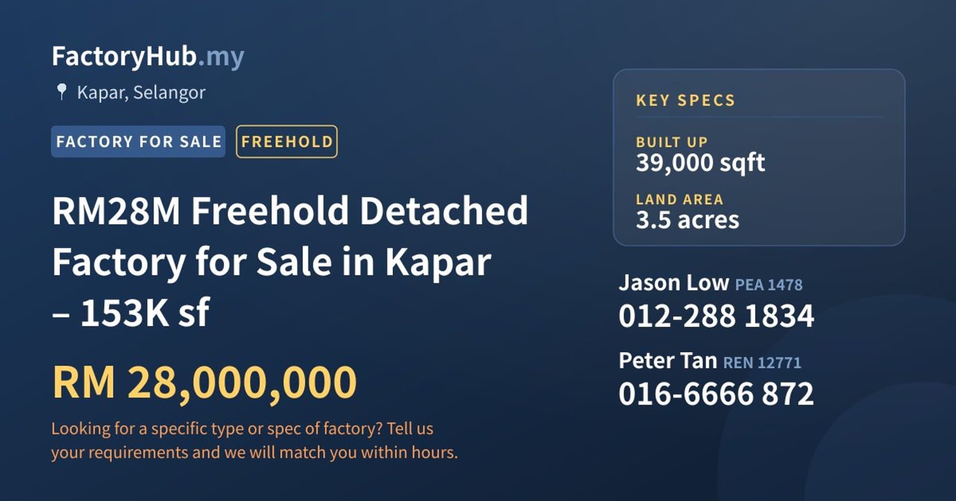RM28M Freehold Detached Factory for Sale in Kapar – 153K sf - Property image 1 of 7
