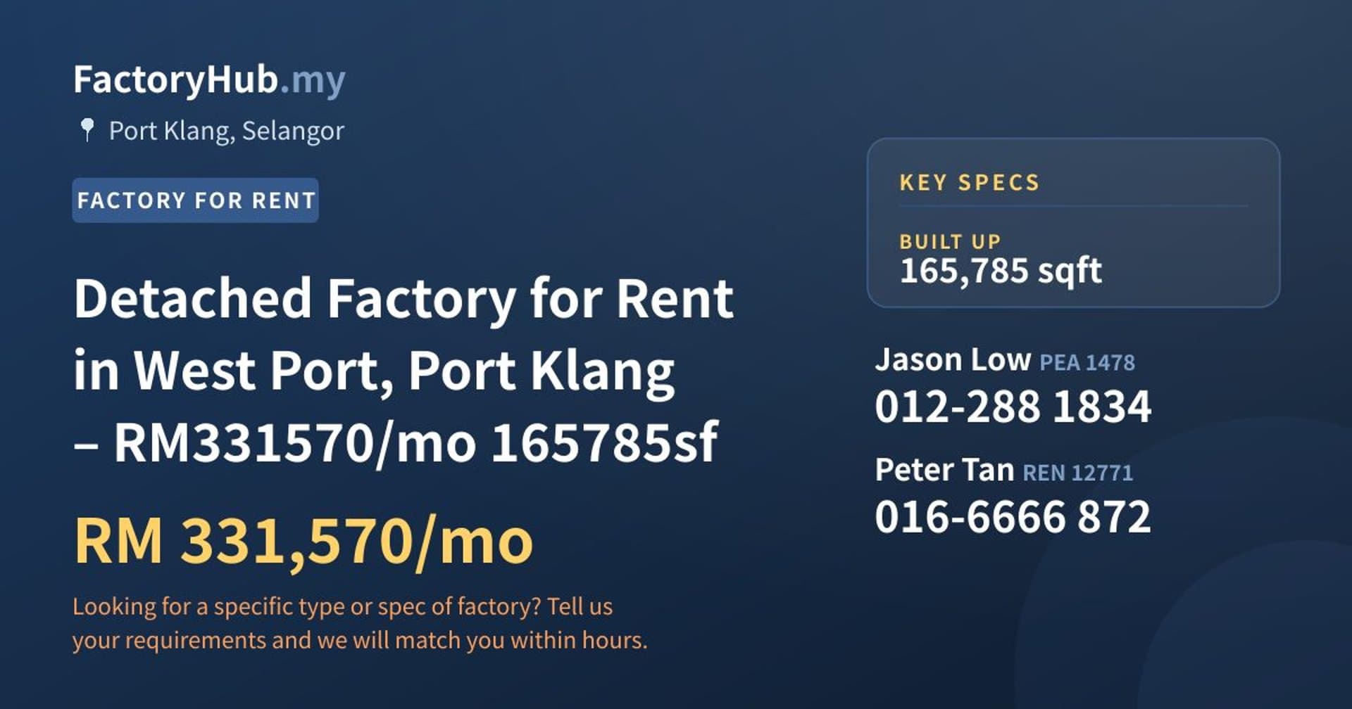 Detached Factory for Rent in West Port, Port Klang – RM331570/mo 165785sf - Property image 1 of 5
