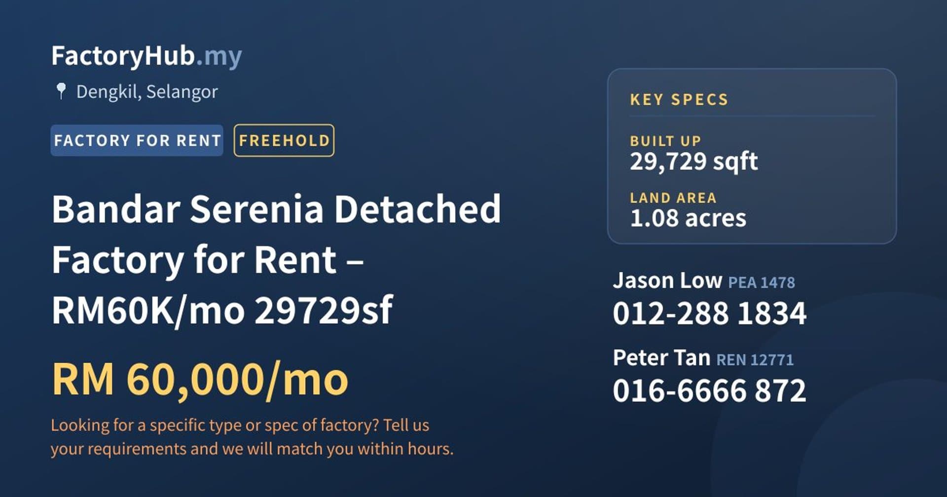 Bandar Serenia Detached Factory for Rent – RM60K/mo 29729sf - Property image 1 of 7