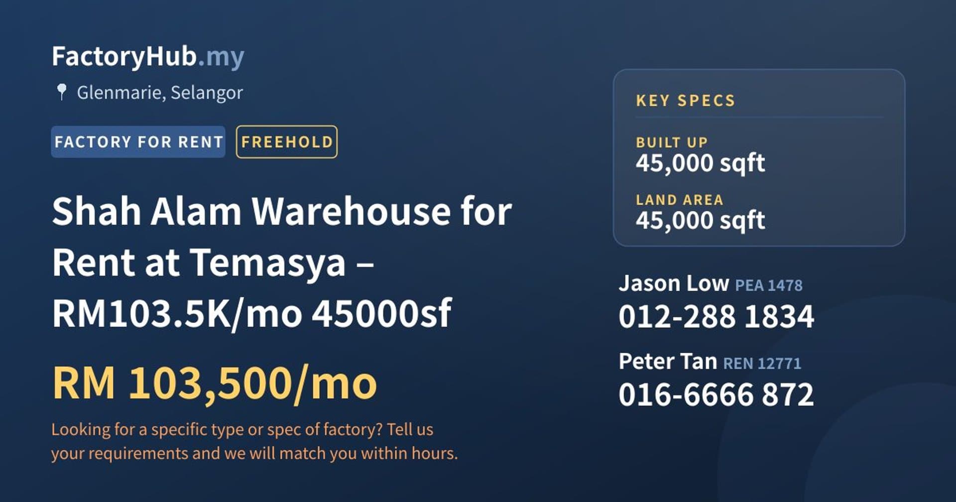 Shah Alam Warehouse for Rent at Temasya – RM103.5K/mo 45000sf - Property image 1 of 7