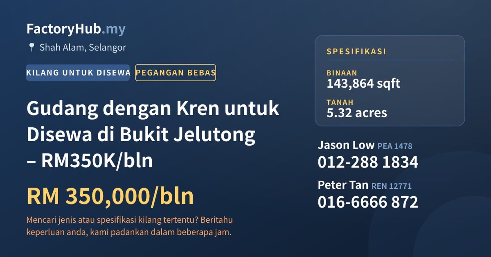 Gudang dengan Kren untuk Disewa di Bukit Jelutong – RM350K/bln · Imej hartanah 1/7
