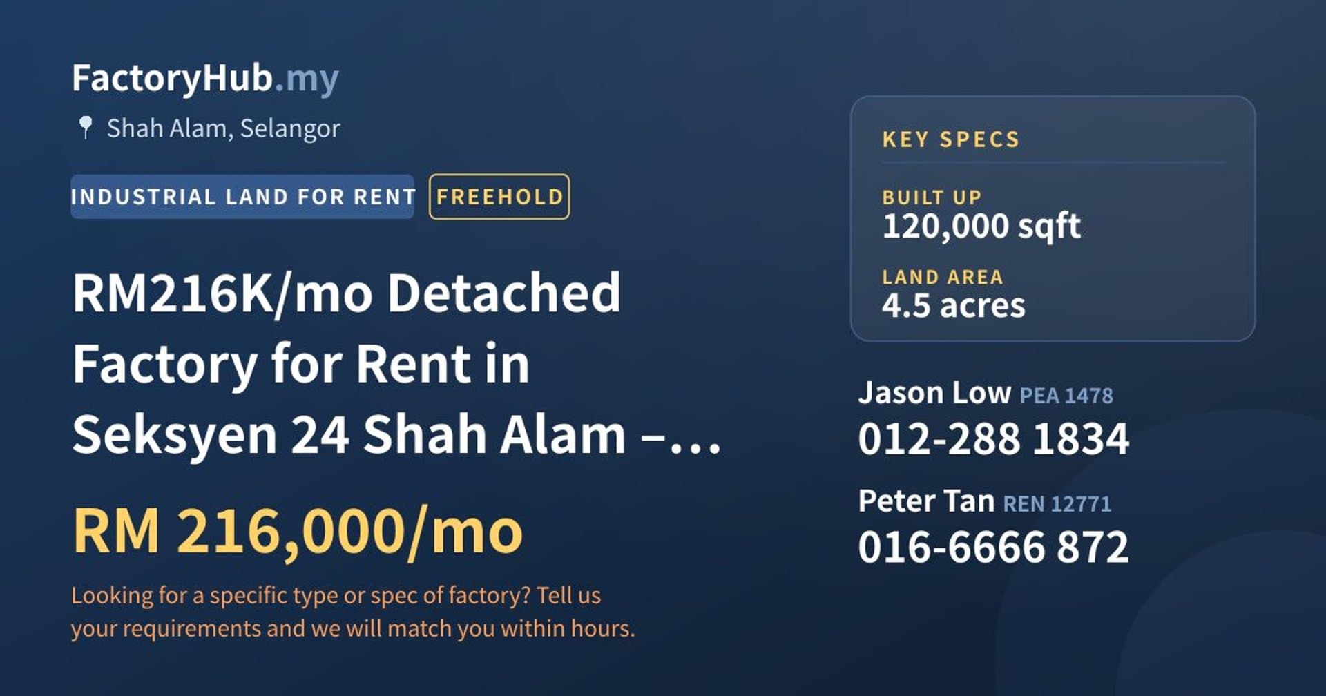 RM216K/mo Detached Factory for Rent in Seksyen 24 Shah Alam – 120000sf - Property image 1 of 7