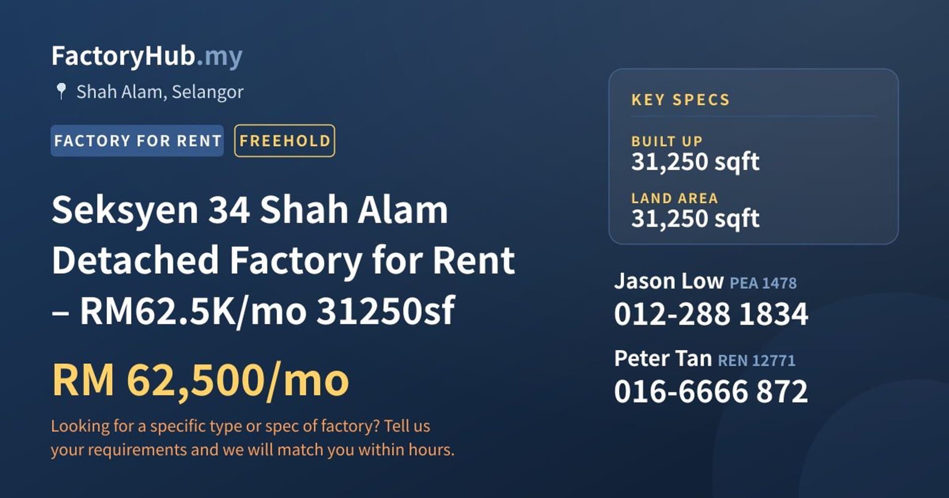 Seksyen 34 Shah Alam Detached Factory for Rent – RM62.5K/mo 31250sf - Property image 1 of 7