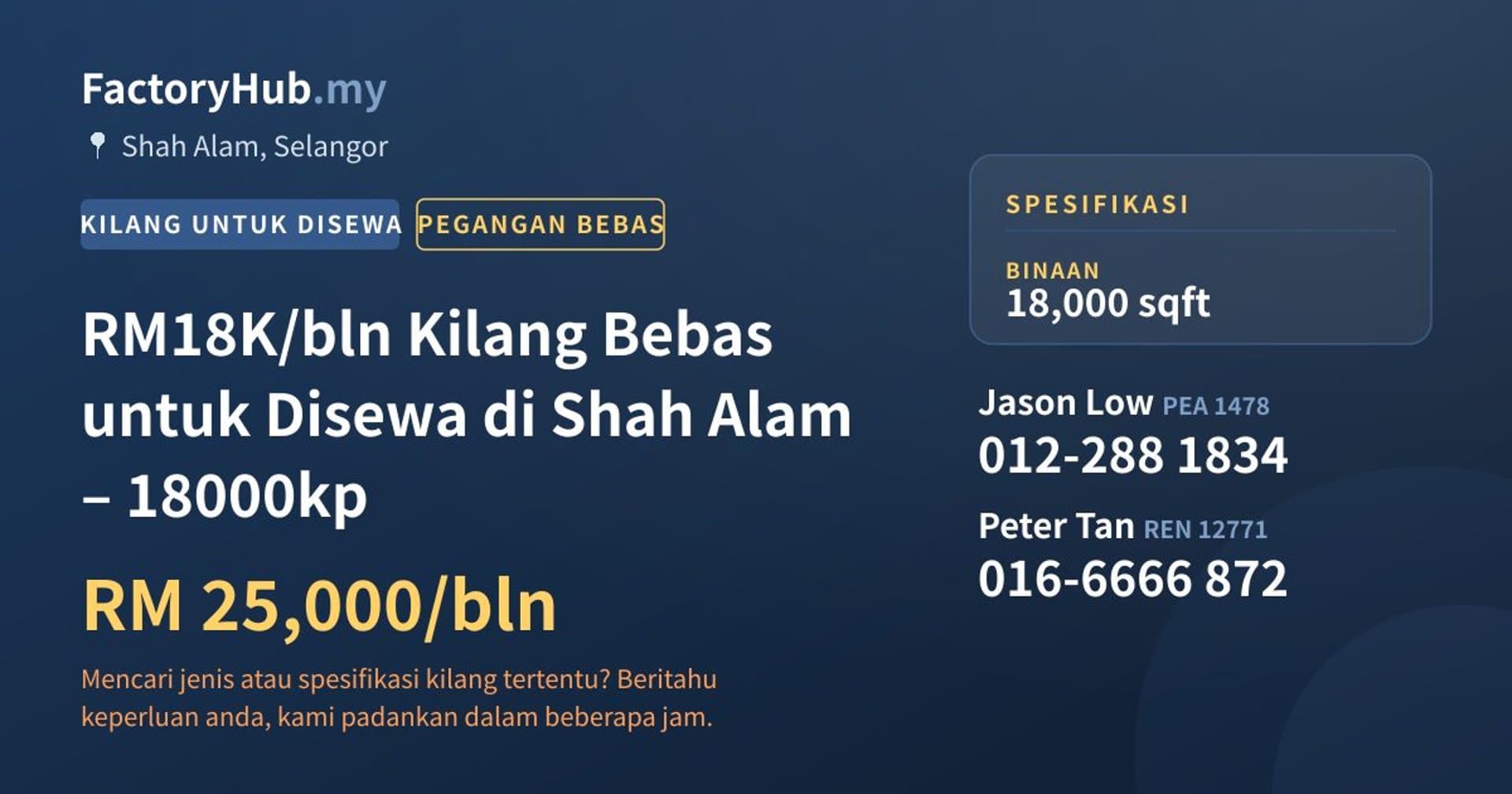 RM18K/bln Kilang Bebas untuk Disewa di Shah Alam – 18000kp · Imej hartanah 1/7