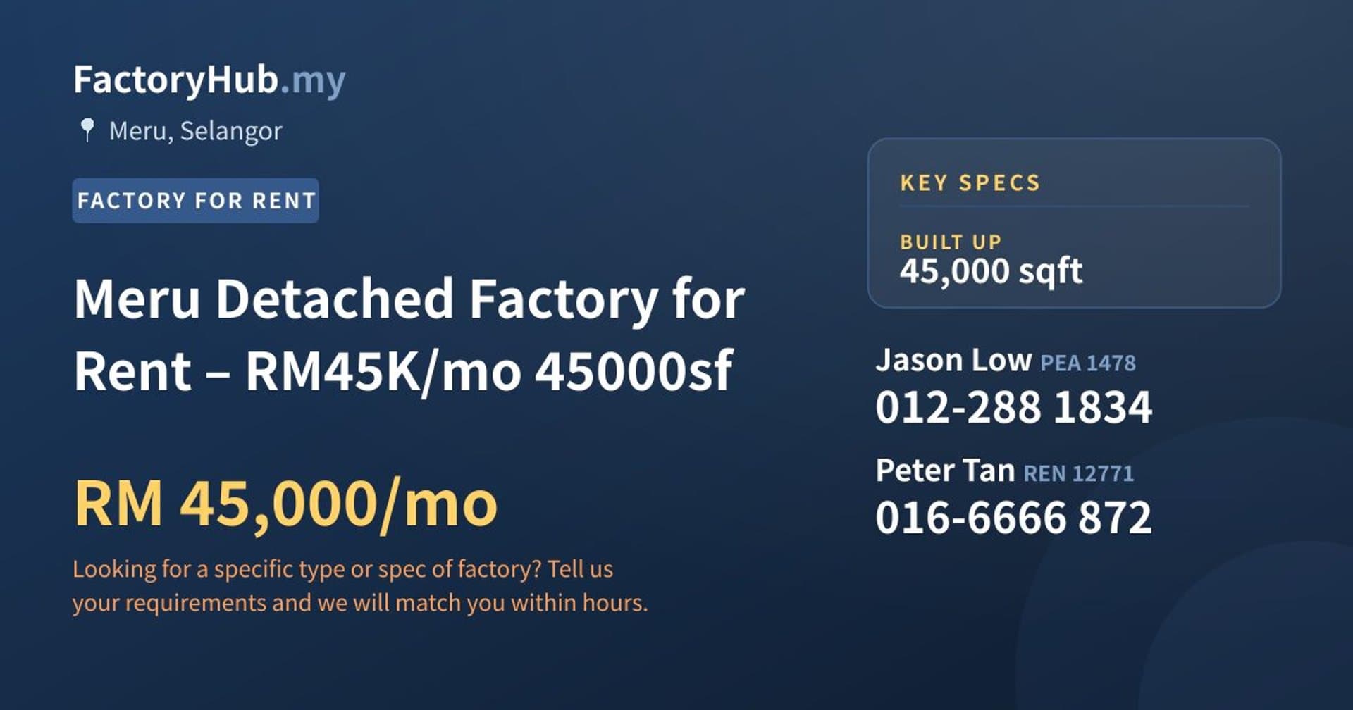 Meru Detached Factory for Rent – RM45K/mo 45000sf - Property image 1 of 5
