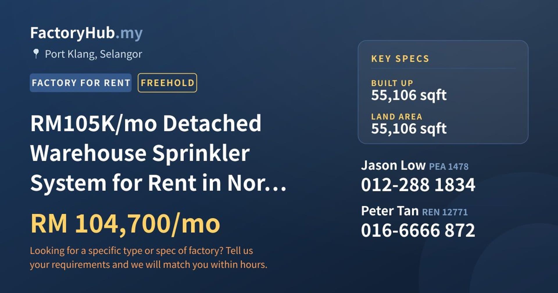 RM105K/mo Detached Warehouse Sprinkler System for Rent in North Port - Property image 1 of 7