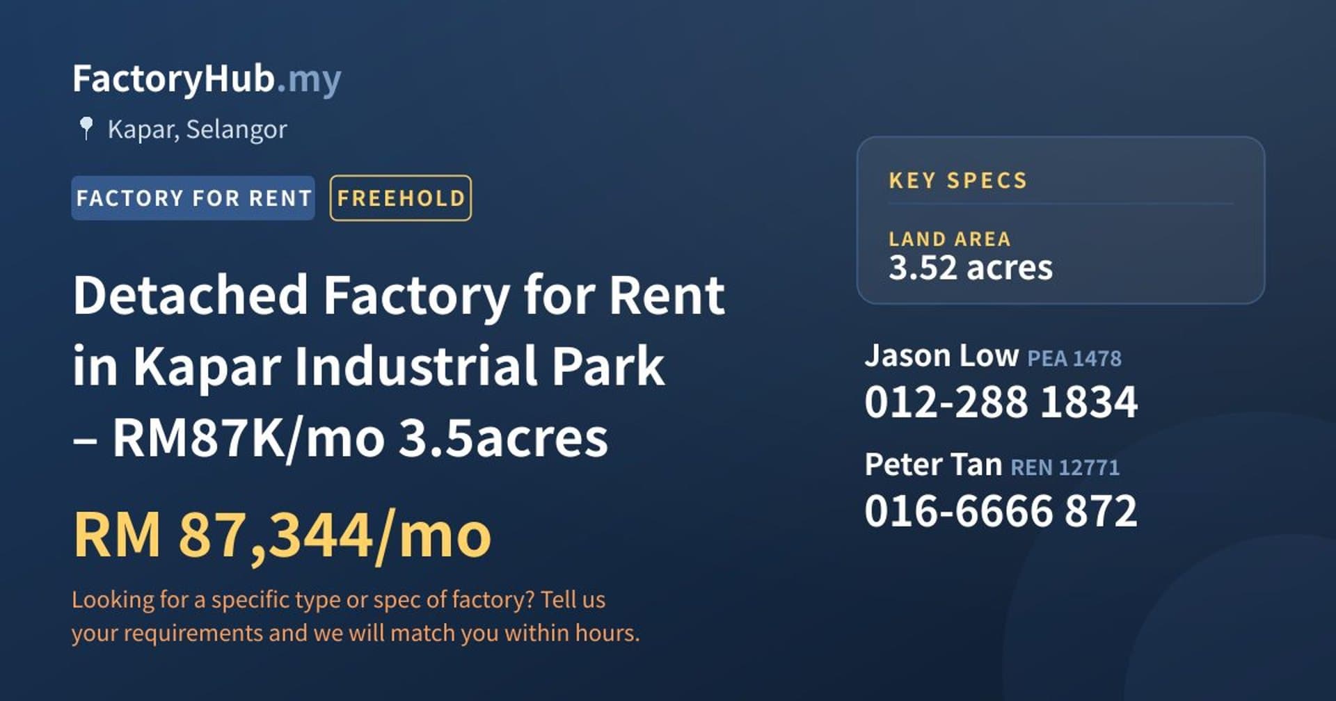 Detached Factory for Rent in Kapar Industrial Park – RM87K/mo 3.5acres - Property image 1 of 7