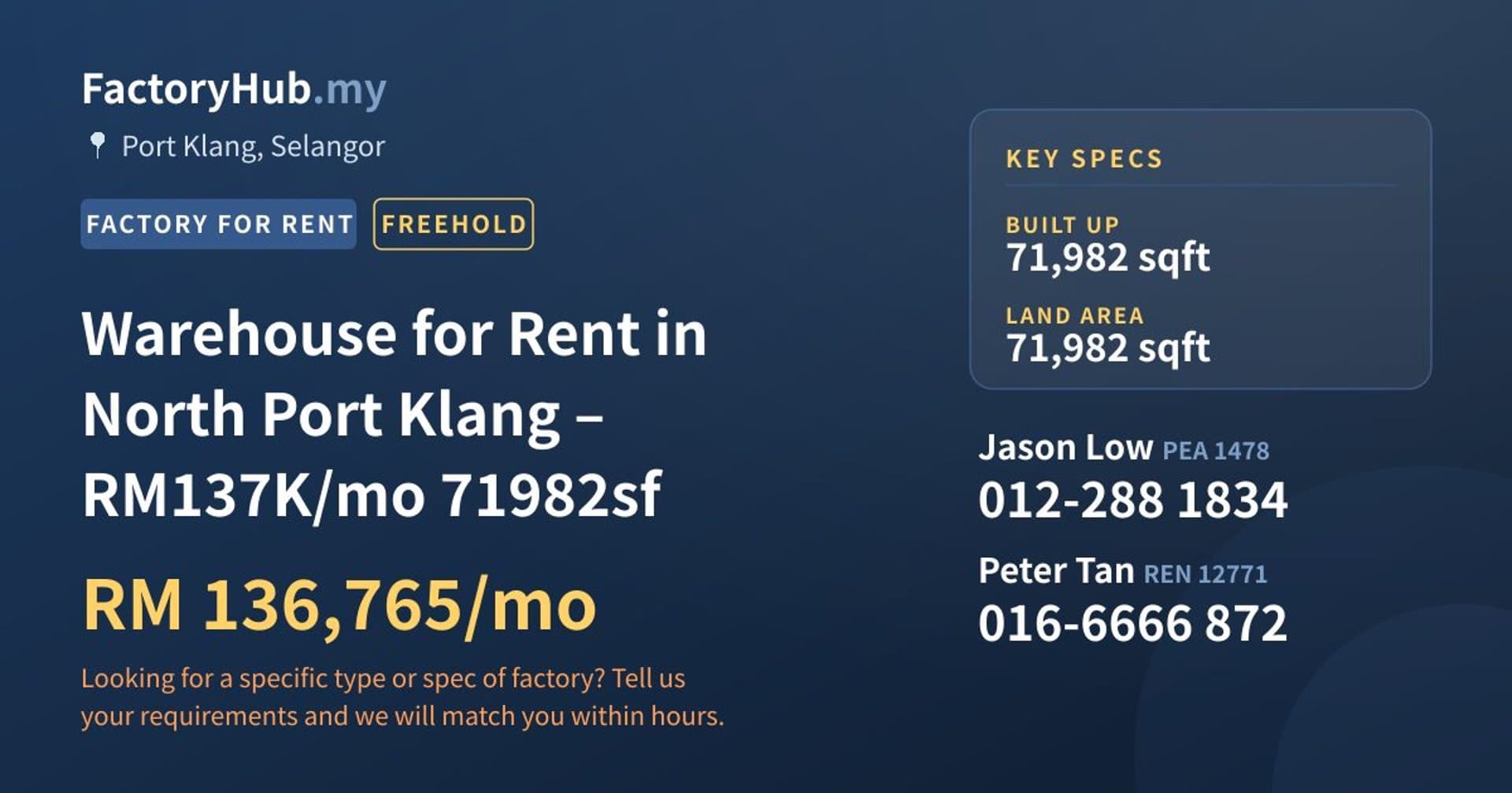 Warehouse for Rent in North Port Klang – RM137K/mo 71982sf - Property image 1 of 7