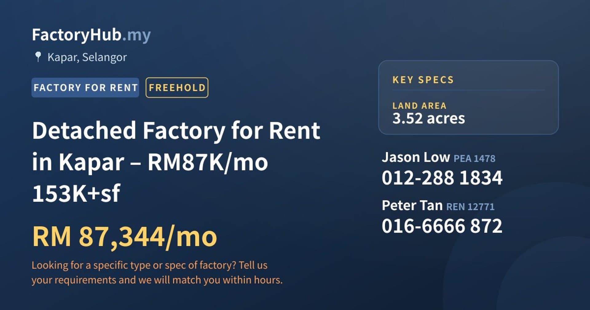 Detached Factory for Rent in Kapar – RM87K/mo 153K+sf - Property image 1 of 7