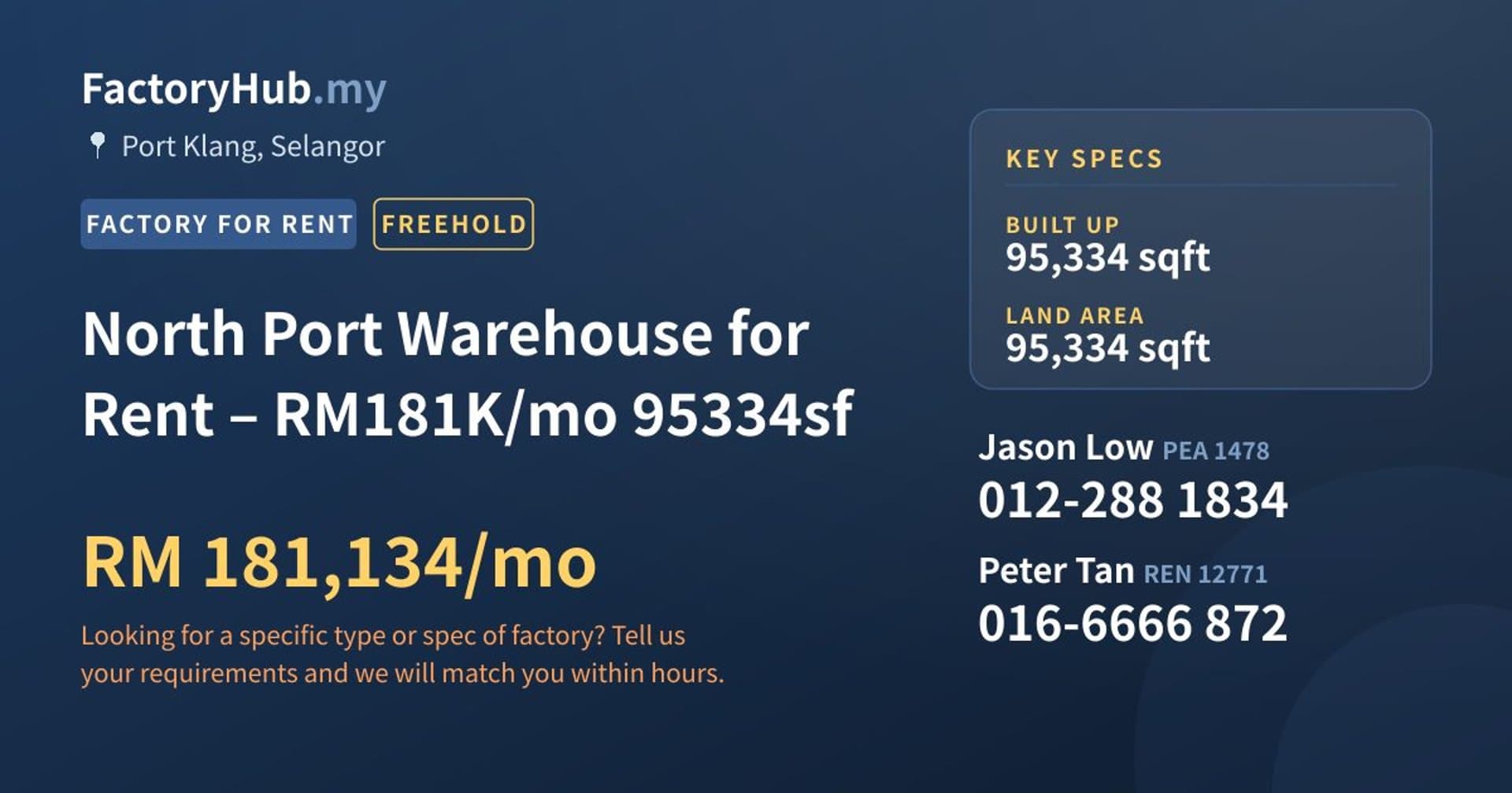 North Port Warehouse for Rent – RM181K/mo 95334sf - Property image 1 of 7