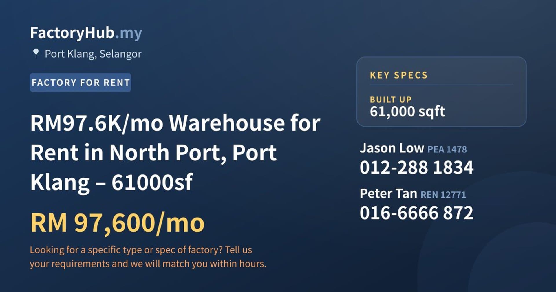 RM97.6K/mo Warehouse for Rent in North Port, Port Klang – 61000sf - Property image 1 of 6