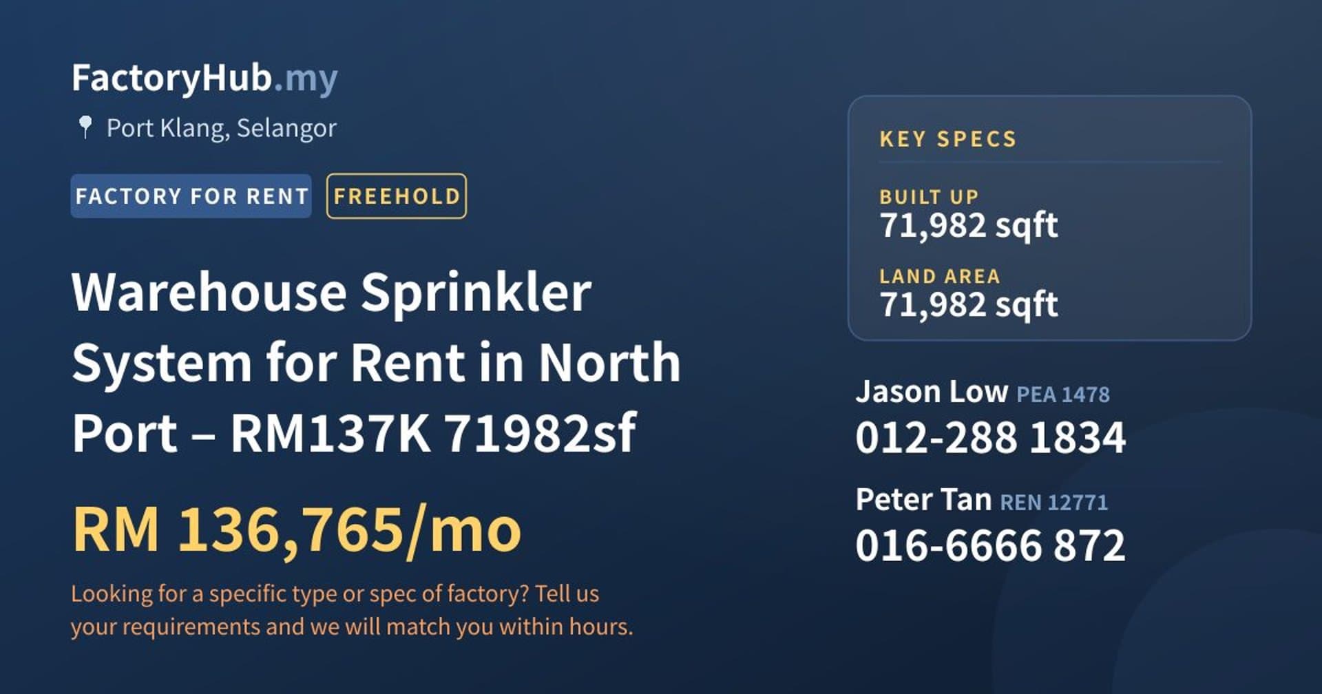 Warehouse Sprinkler System for Rent in North Port – RM137K 71982sf - Property image 1 of 7