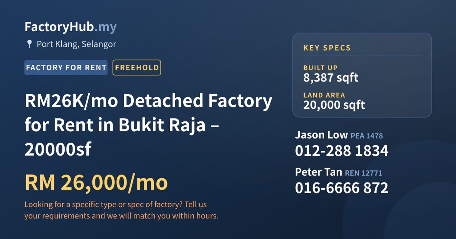 RM26K/mo Detached Factory for Rent in Bukit Raja – 20000sf - Property image 1 of 7